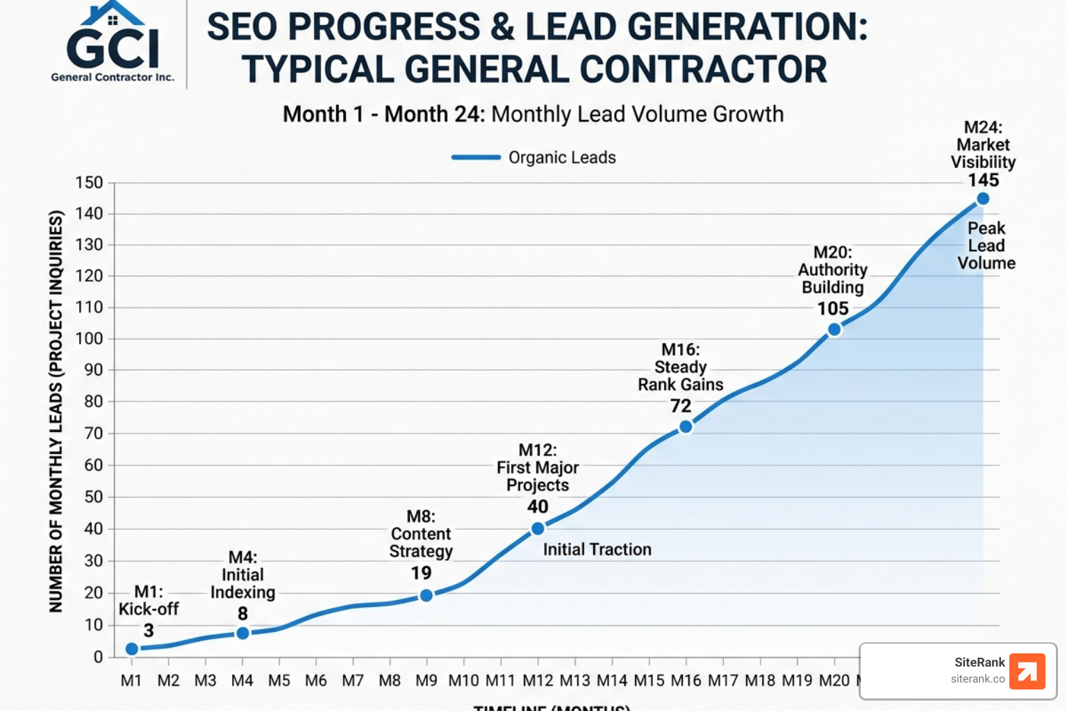 growth chart showing Month 1 to Month 24 SEO progress for a typical general contractor - contractor lead seo growth chart showing Month 1 to Month 24 SEO progress for a typical general contractor - contractor lead seo