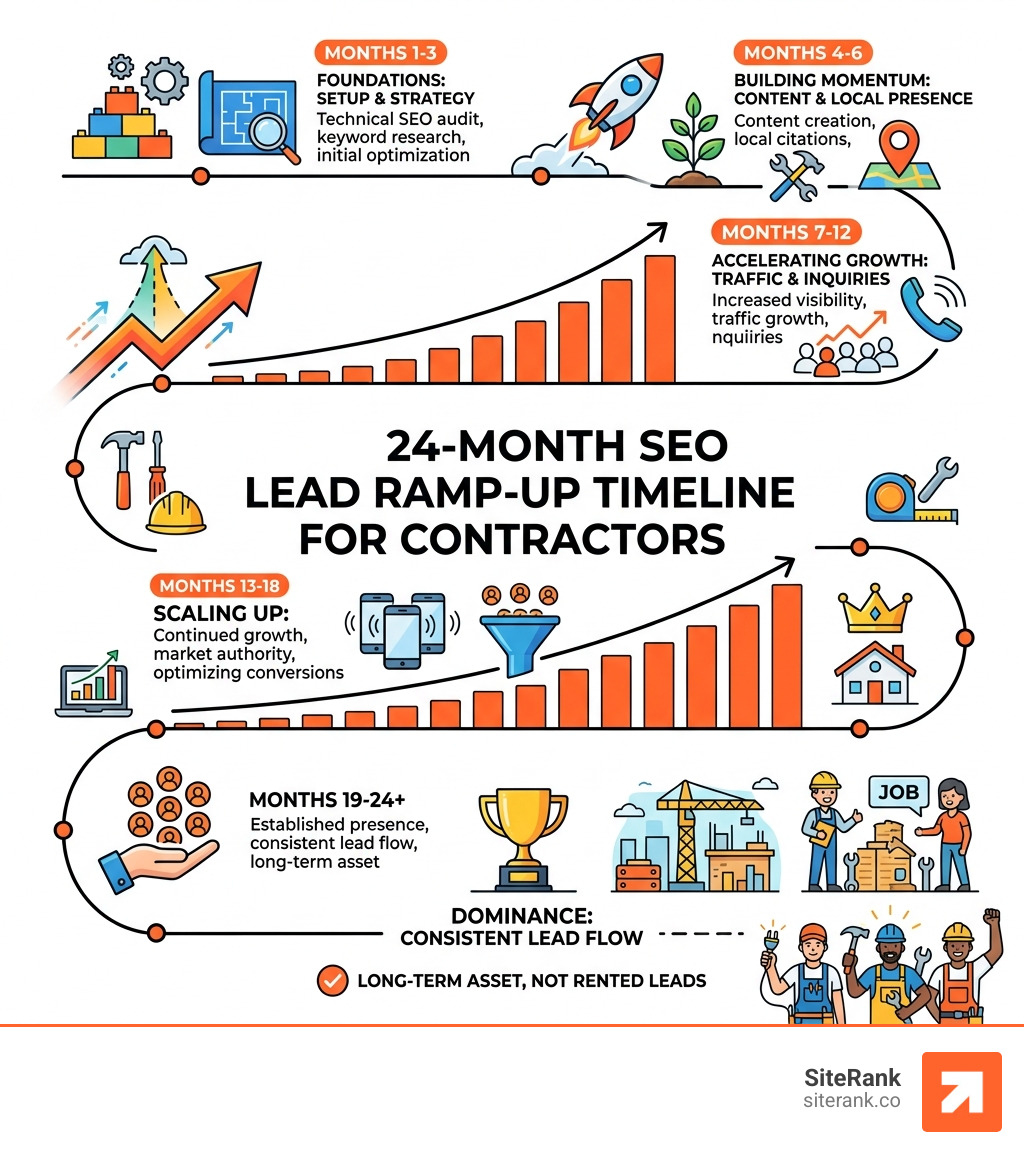 24-month SEO lead ramp-up timeline for contractors showing monthly lead growth milestones - contractor lead seo infographic 24-month SEO lead ramp-up timeline for contractors showing monthly lead growth milestones - contractor lead seo infographic