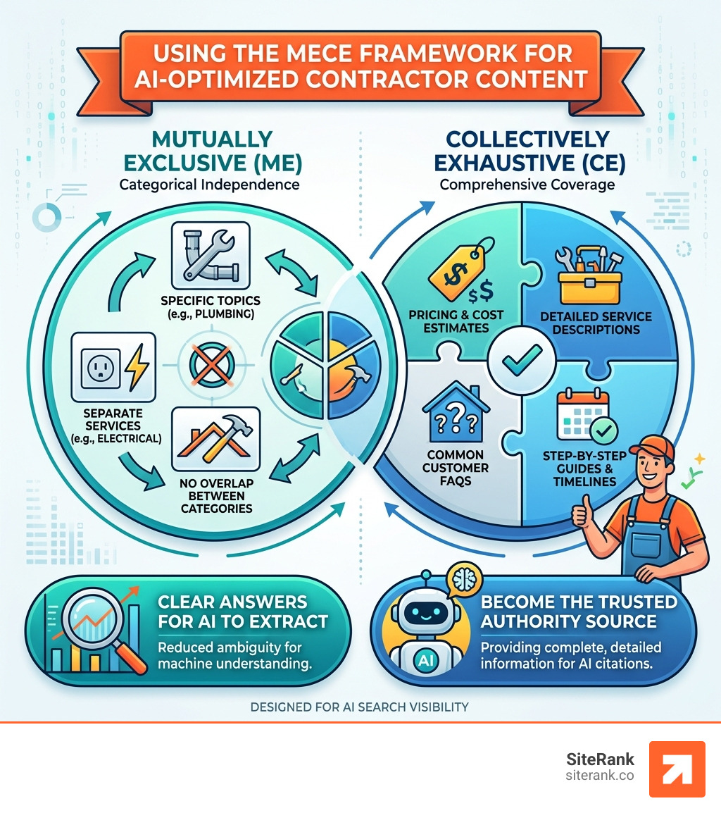 Infographic detailing the MECE framework for creating AI-optimized contractor content - AI search visibility for contractors Infographic detailing the MECE framework for creating AI-optimized contractor content - AI search visibility for contractors