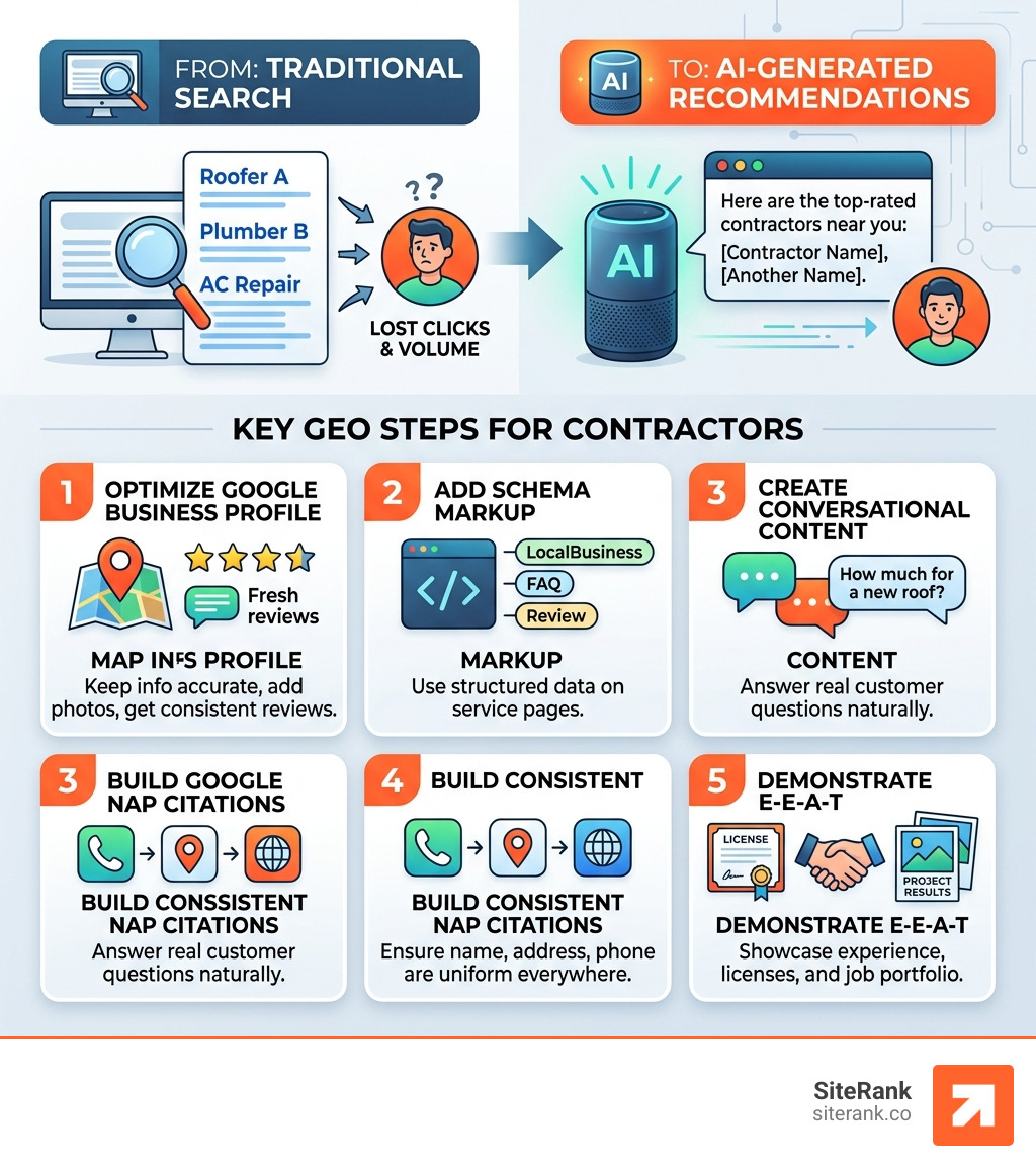 Infographic showing shift from traditional Google search to AI-generated contractor recommendations with key GEO steps Infographic showing shift from traditional Google search to AI-generated contractor recommendations with key GEO steps