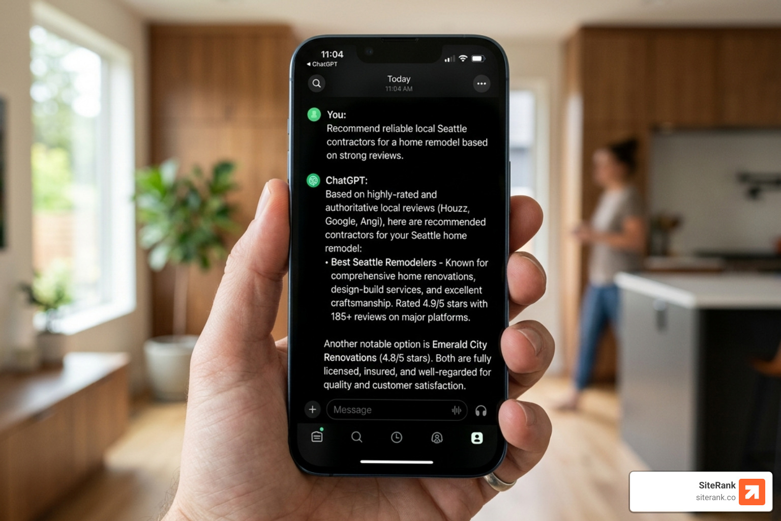 smartphone showing a ChatGPT search result recommending a local contractor based on authoritative reviews - contractor lead smartphone showing a ChatGPT search result recommending a local contractor based on authoritative reviews - contractor lead