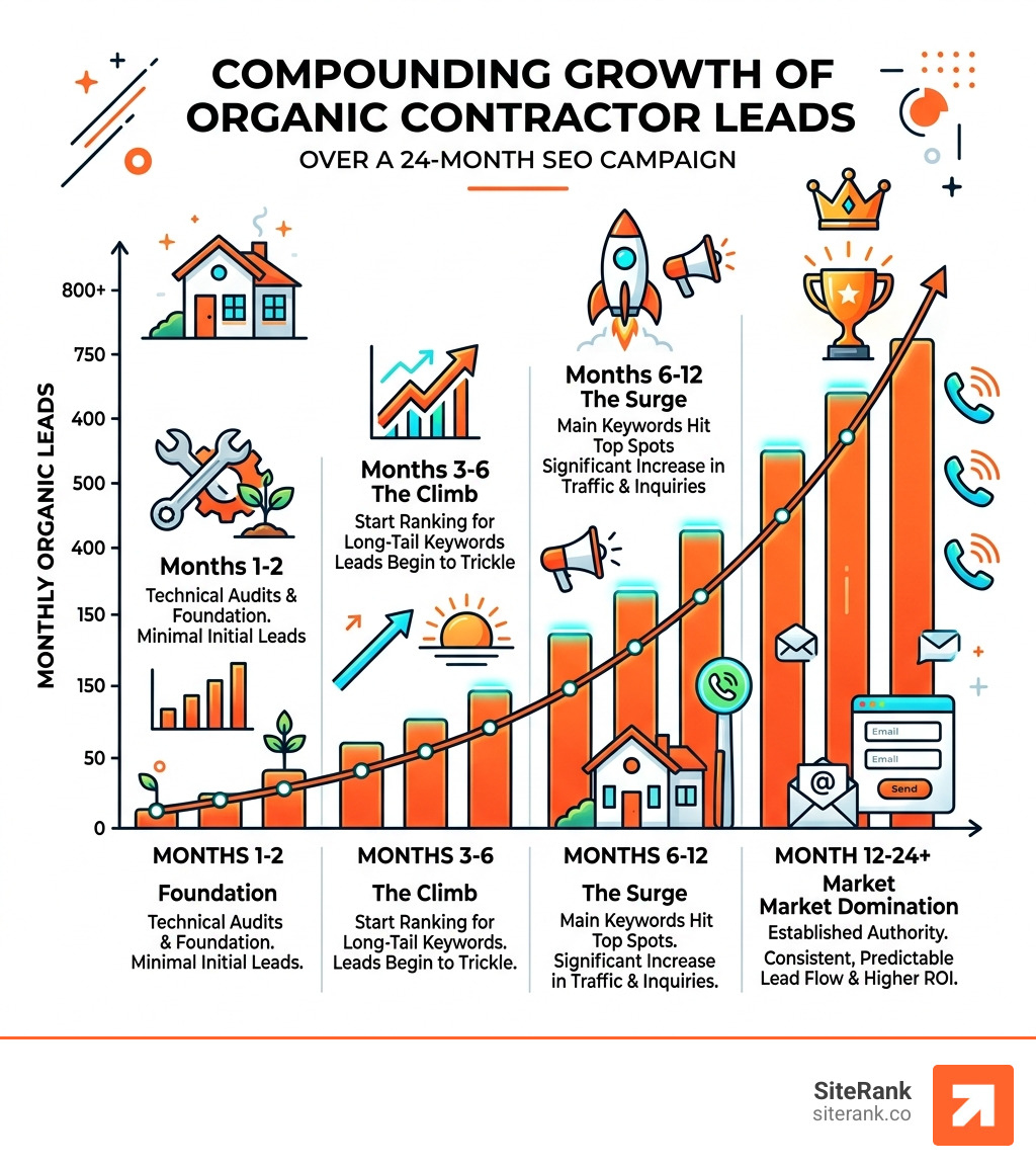 Chart showing the compounding growth of organic leads over a 24-month period - contractor seo firm infographic Chart showing the compounding growth of organic leads over a 24-month period - contractor seo firm infographic