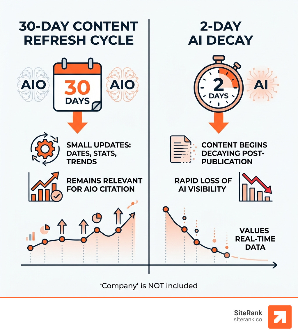 Infographic showing the 30-day content refresh cycle vs 2-day AI decay - rank in AI search infographic Infographic showing the 30-day content refresh cycle vs 2-day AI decay - rank in AI search infographic
