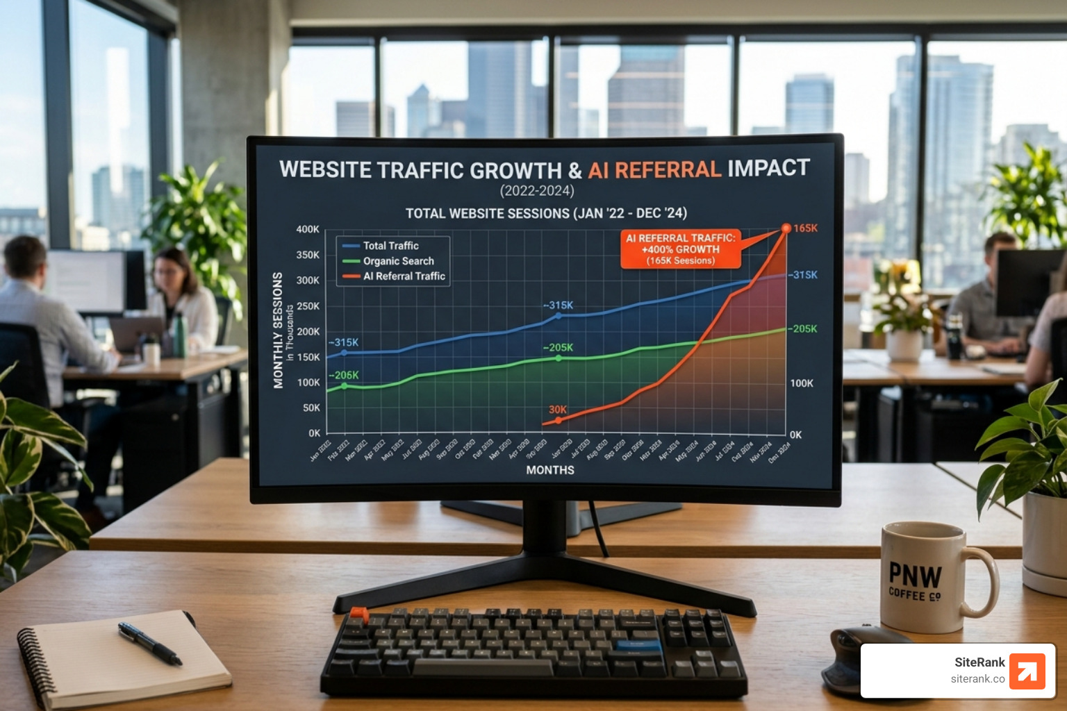 Website growth chart showing AI referral traffic increasing 400% - rank in AI search Website growth chart showing AI referral traffic increasing 400% - rank in AI search