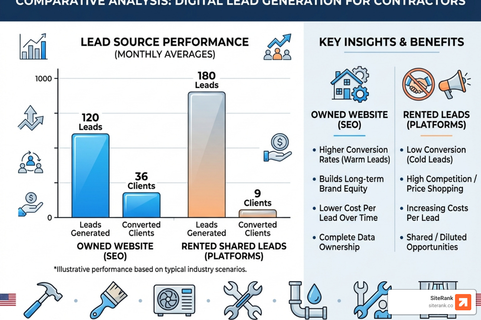 comparison of owned website traffic vs rented shared leads showing higher conversion for owned assets - contractor lead seo comparison of owned website traffic vs rented shared leads showing higher conversion for owned assets - contractor lead seo