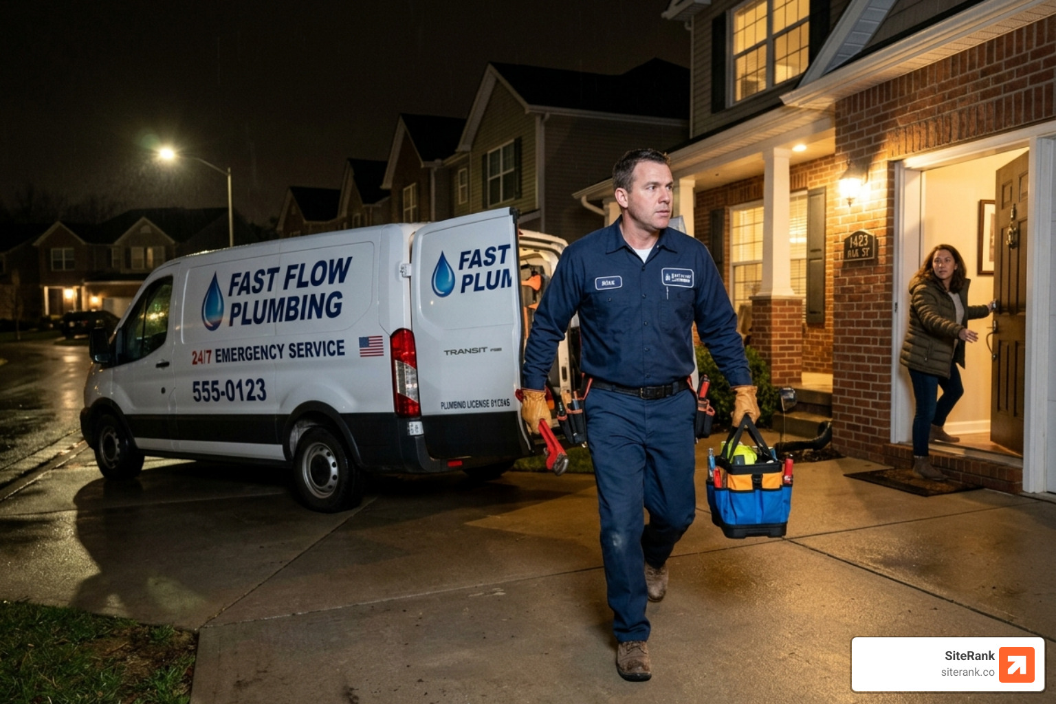 Plumbing technician responding to an emergency call - Home services marketing agency Plumbing technician responding to an emergency call - Home services marketing agency