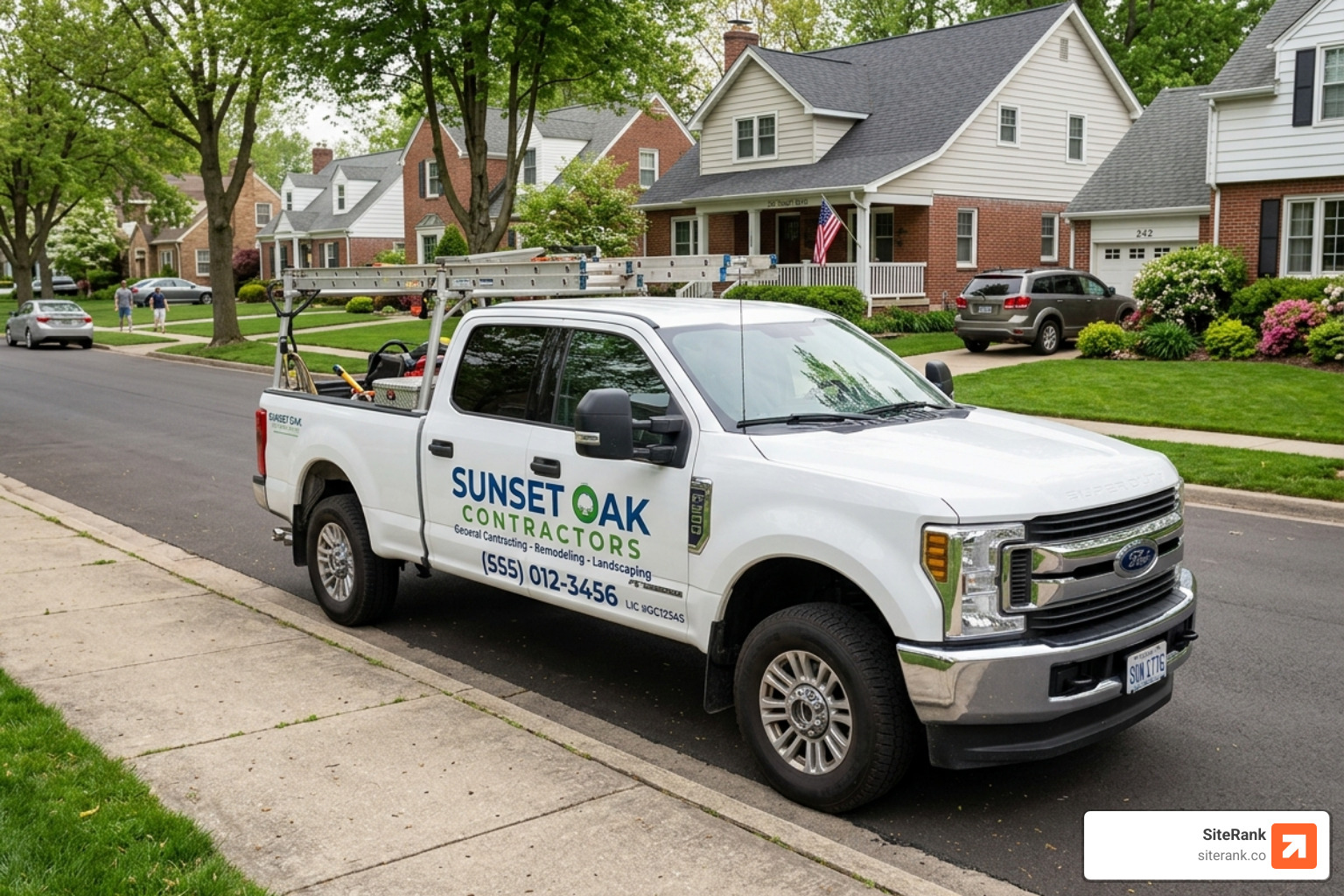Contractor truck with a visible logo parked in a residential neighborhood - contractor seo firm Contractor truck with a visible logo parked in a residential neighborhood - contractor seo firm