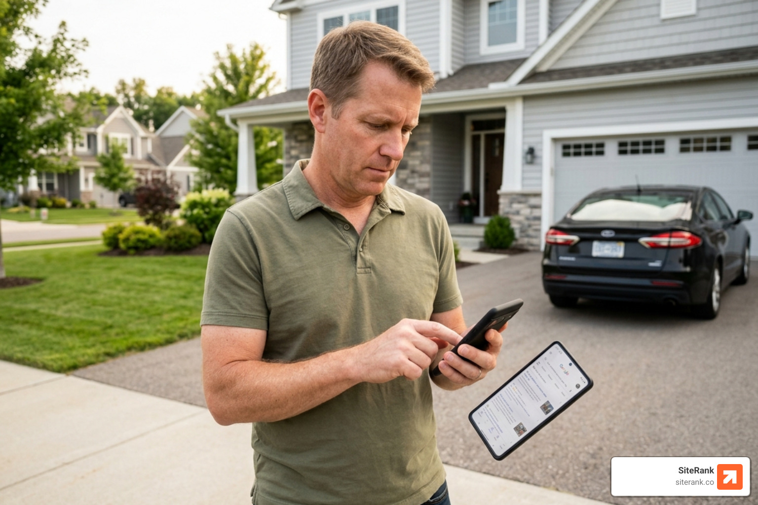 Homeowner searching for local services on a smartphone - contractor seo firm Homeowner searching for local services on a smartphone - contractor seo firm