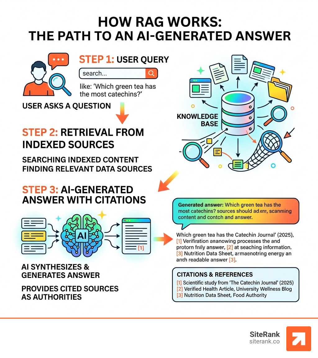 How RAG works: query input, retrieval from indexed sources, AI-generated answer with citations - rank in AI search How RAG works: query input, retrieval from indexed sources, AI-generated answer with citations - rank in AI search