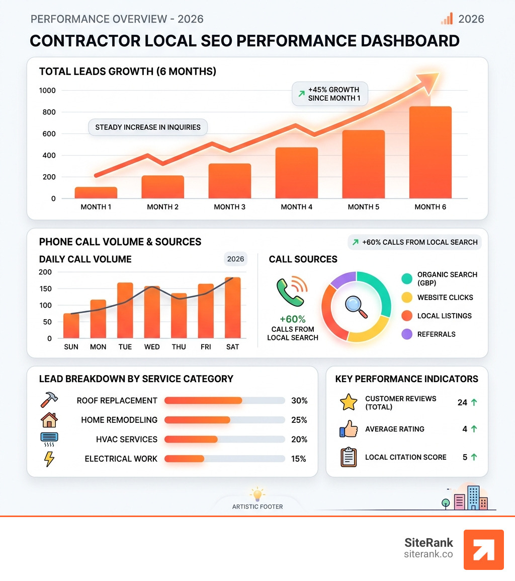 Contractor local SEO performance dashboard showing leads and call volume - contractor local seo infographic Contractor local SEO performance dashboard showing leads and call volume - contractor local seo infographic