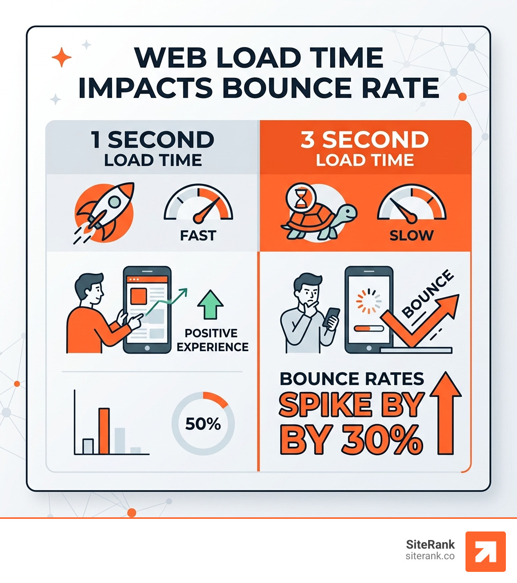 Infographic showing that bounce rates spike by 30% when load time goes from 1 to 3 seconds - Local SEO for home services Infographic showing that bounce rates spike by 30% when load time goes from 1 to 3 seconds - Local SEO for home services