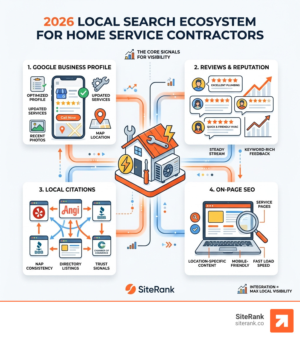 2026 local search ecosystem infographic for home service contractors showing GBP, reviews, citations, and on-page signals 2026 local search ecosystem infographic for home service contractors showing GBP, reviews, citations, and on-page signals