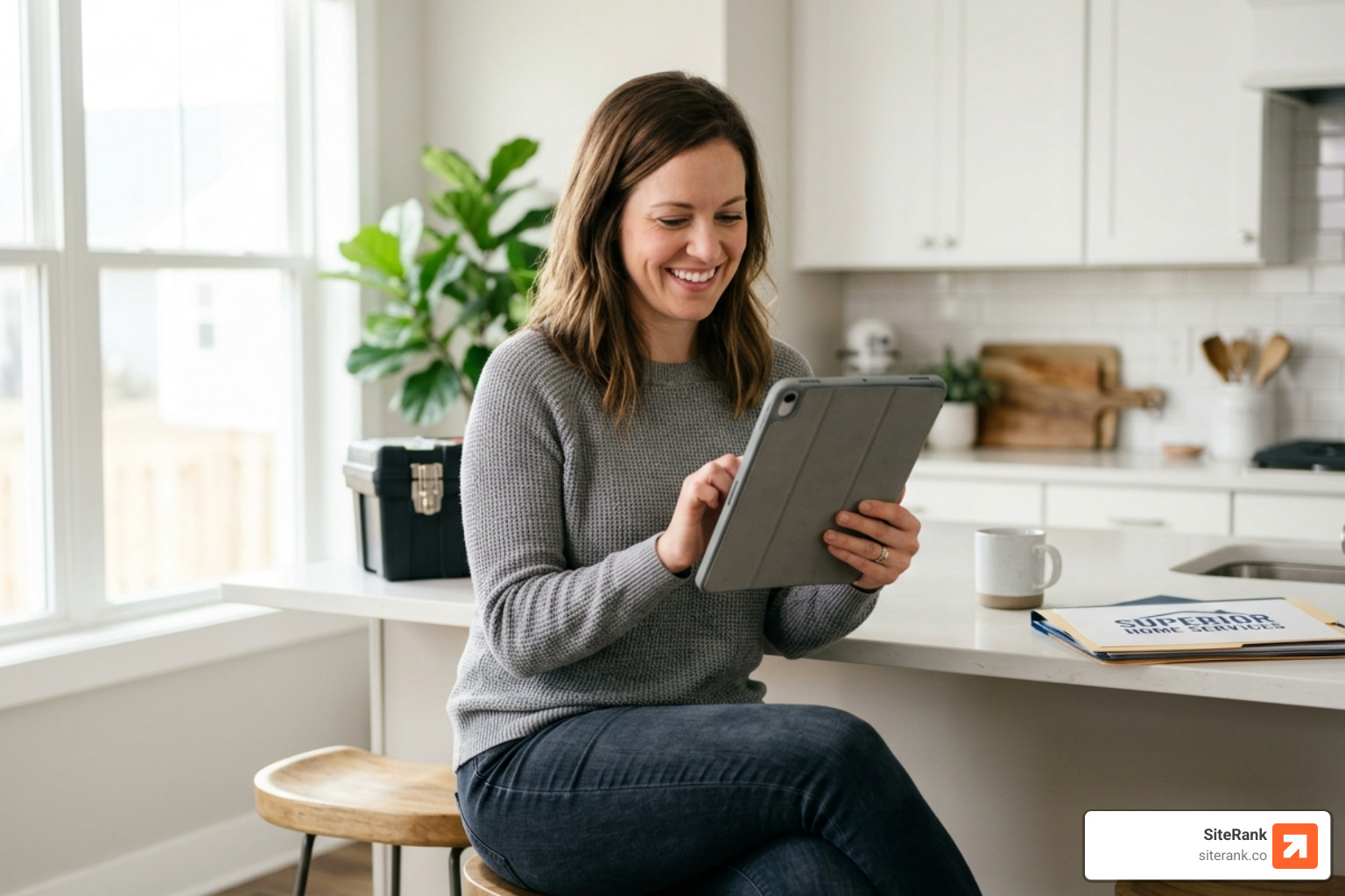 Customer leaving a 5-star review on a tablet immediately after a service call - Local SEO for home services Customer leaving a 5-star review on a tablet immediately after a service call - Local SEO for home services