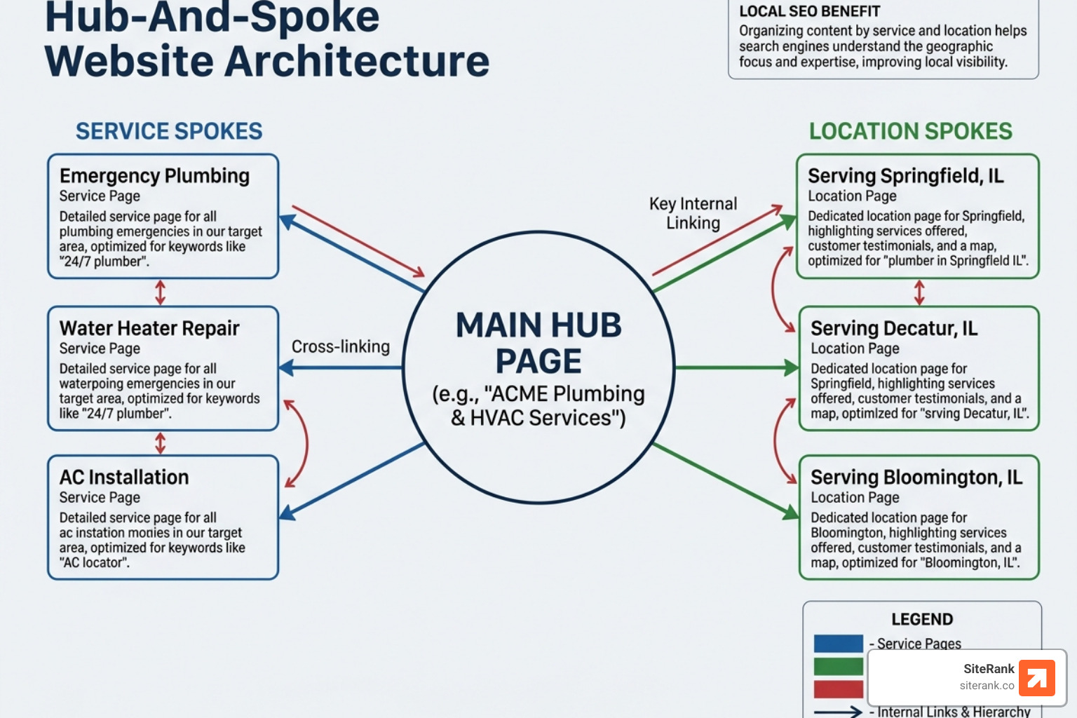 Website architecture diagram showing the hub-and-spoke model for service and location pages - Local SEO for home services Website architecture diagram showing the hub-and-spoke model for service and location pages - Local SEO for home services