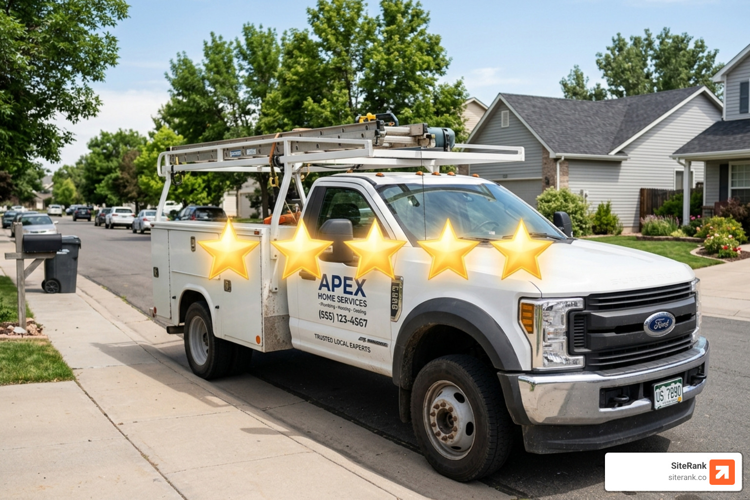 Service truck with a 5-star rating overlay representing trust and local authority - Local SEO for home services Service truck with a 5-star rating overlay representing trust and local authority - Local SEO for home services