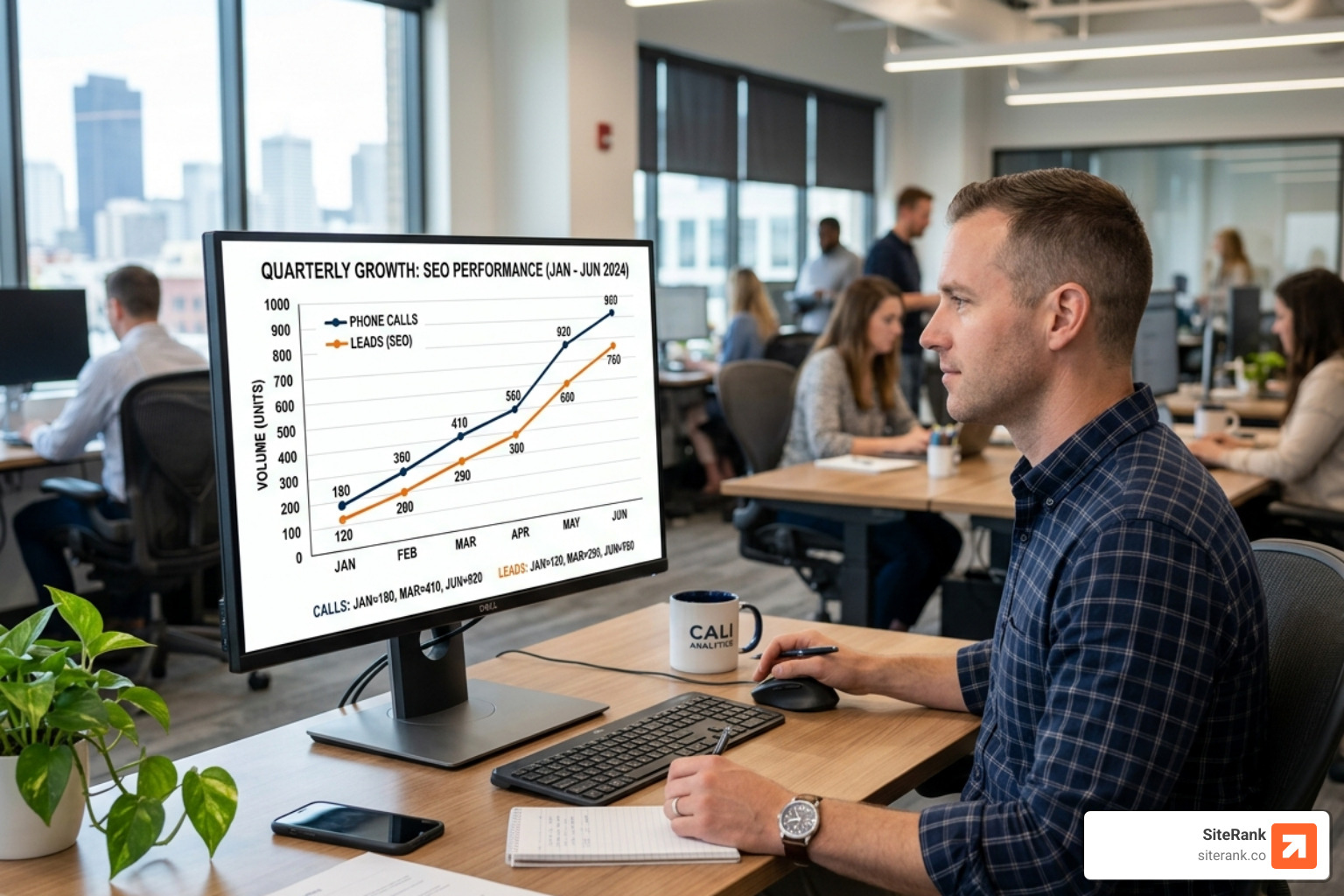 Growth chart showing a steady increase in phone calls and leads over 6 months - contractor local seo Growth chart showing a steady increase in phone calls and leads over 6 months - contractor local seo
