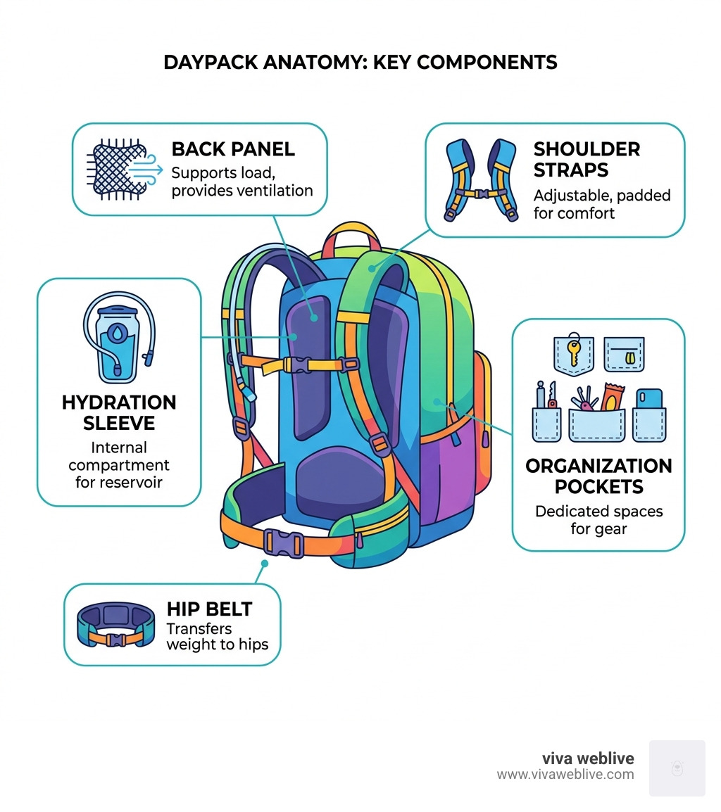 Daypack anatomy infographic showing key components: back panel, shoulder straps, hip belt, hydration sleeve, organization