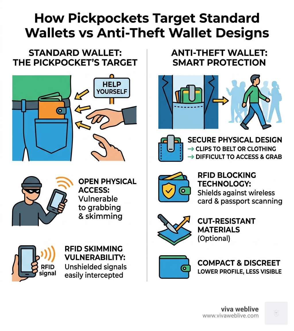 How pickpockets target standard wallets vs anti-theft wallet designs comparison infographic - anti theft travel wallet