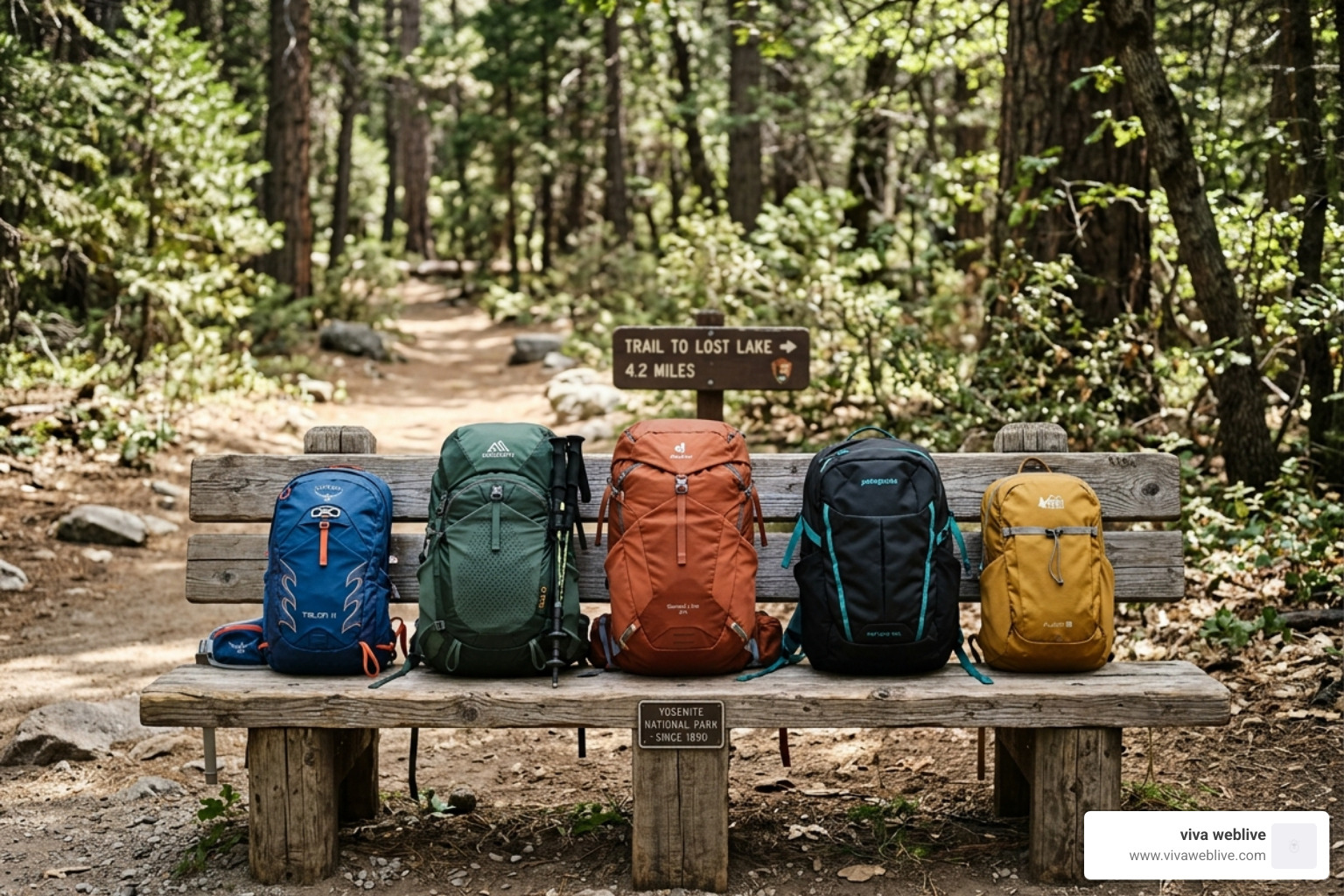A line-up of different daypacks on a wooden trail bench, showing various sizes and colors - best day trip backpack