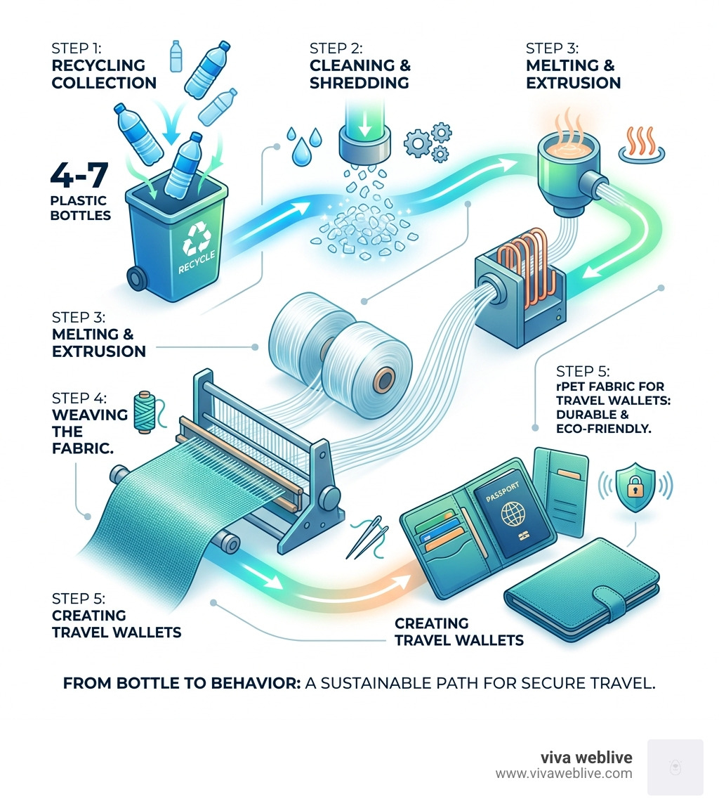 Infographic showing 4 to 7 recycled plastic bottles being converted into rPET fabric for travel wallets - anti theft travel