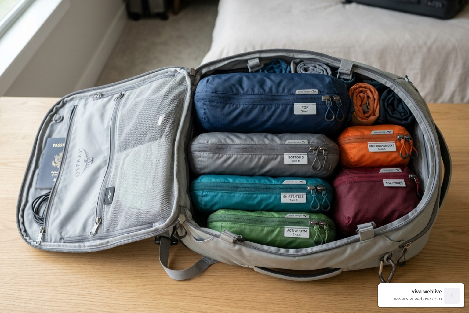 Nested compression packing cubes in a 40L backpack - carry on packing hacks