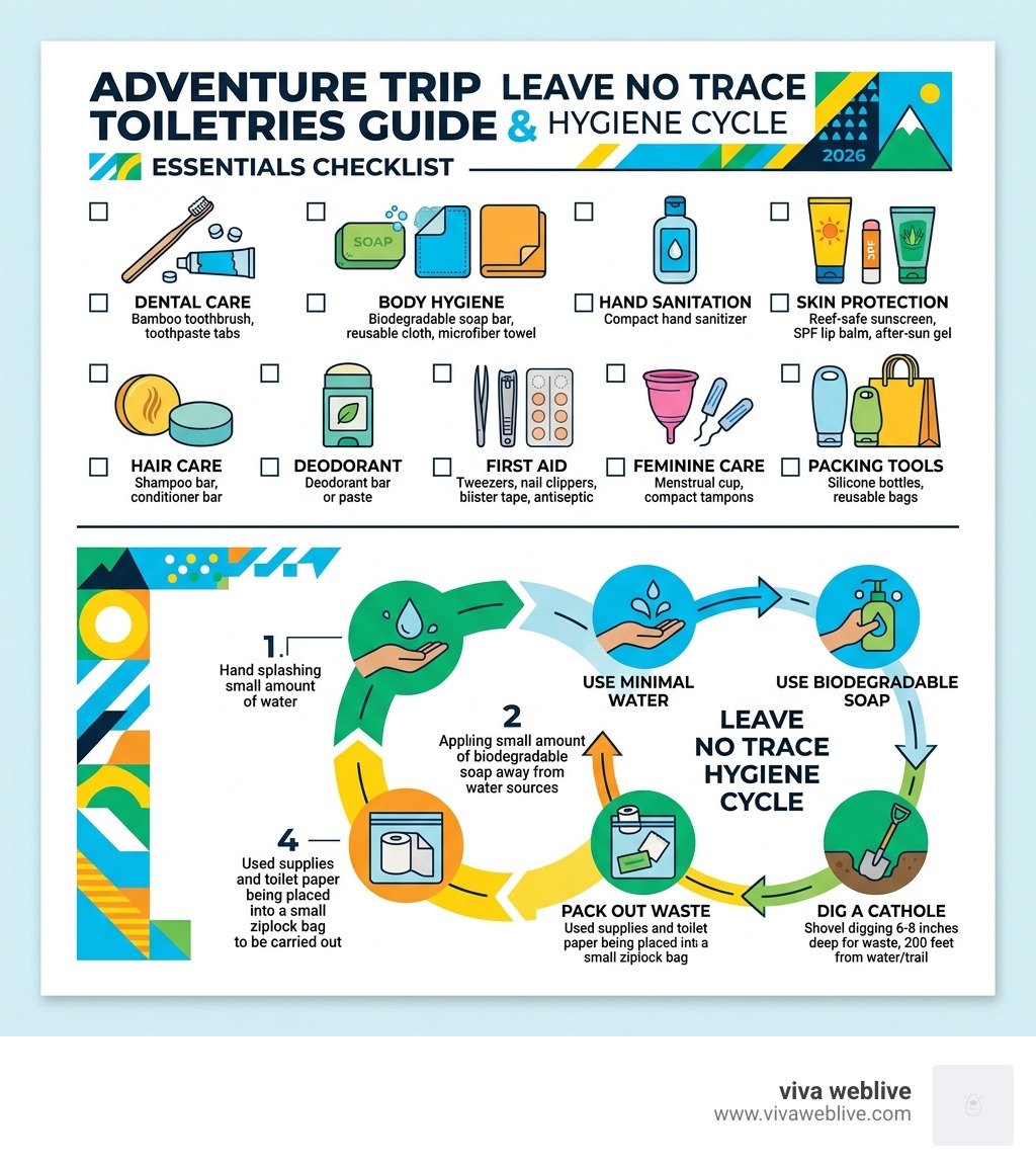 Infographic: adventure trip toiletries guide essentials checklist with Leave No Trace hygiene cycle - adventure trip