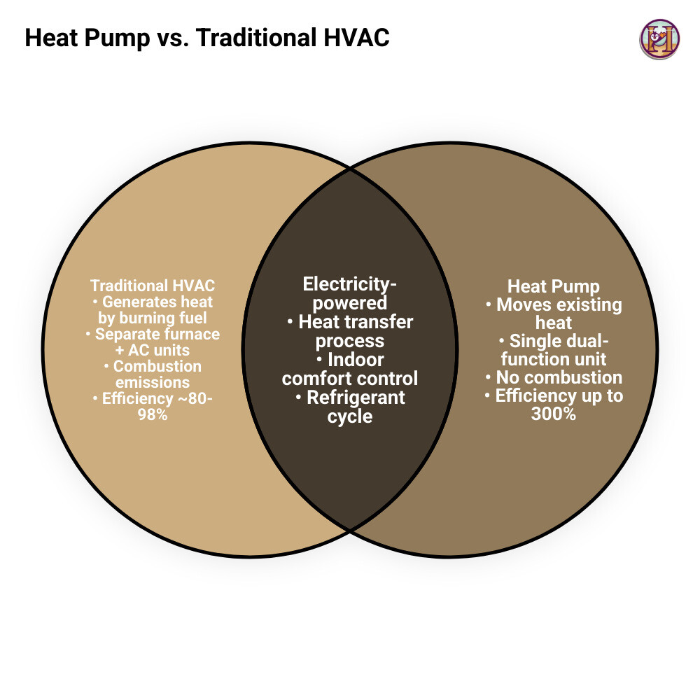 Infographic comparing heat pump cycle vs traditional combustion heating with efficiency stats - heat pump advantages over Infographic comparing heat pump cycle vs traditional combustion heating with efficiency stats - heat pump advantages over
