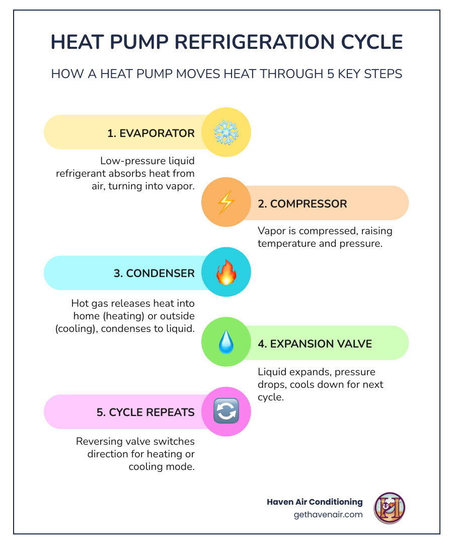 Infographic explaining the basic heat pump refrigeration cycle with evaporator, compressor, condenser, and expansion valve Infographic explaining the basic heat pump refrigeration cycle with evaporator, compressor, condenser, and expansion valve