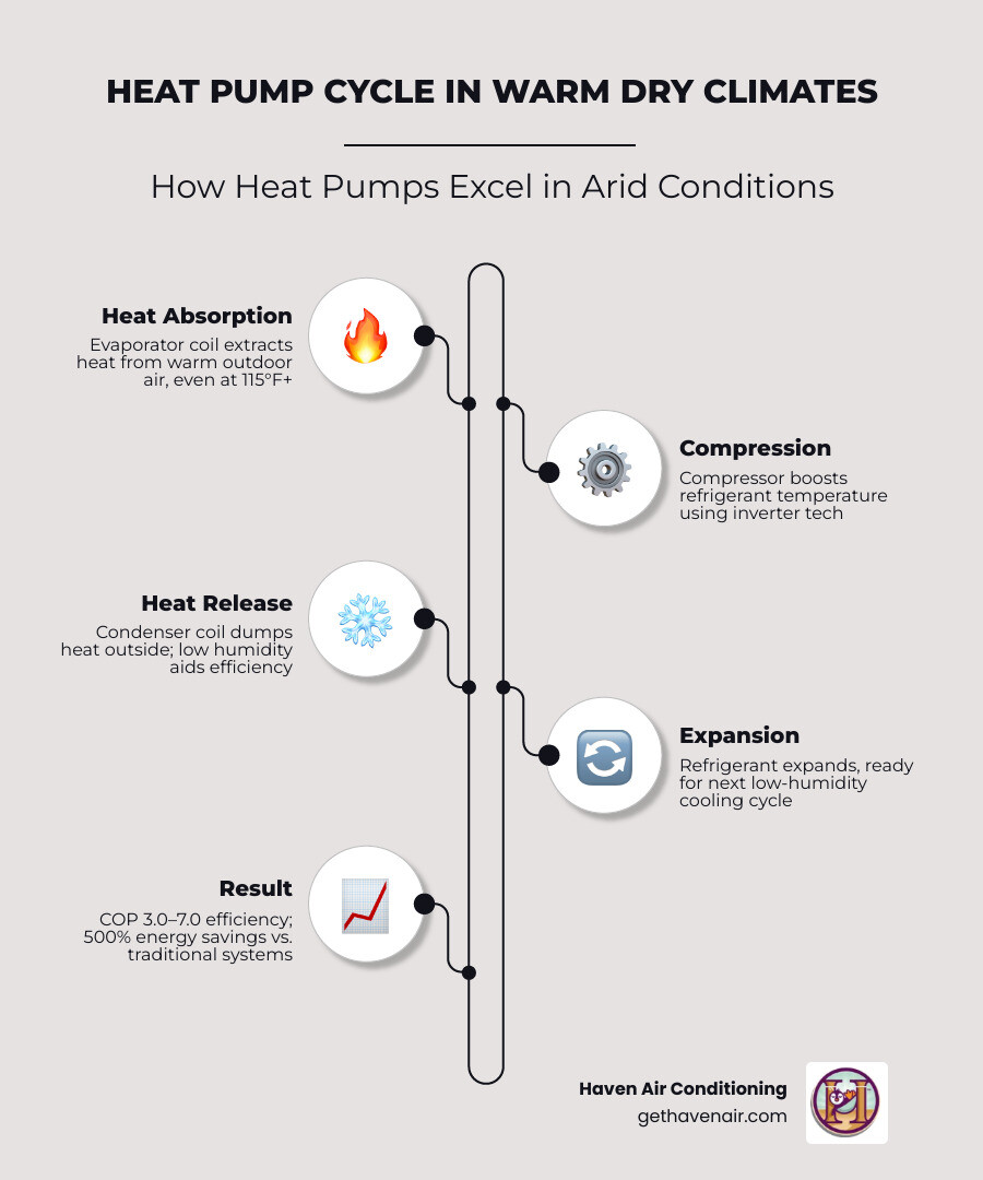 infographic showing heat pump heating and cooling cycle with efficiency ratings for warm dry climates - are heat pumps ideal infographic showing heat pump heating and cooling cycle with efficiency ratings for warm dry climates - are heat pumps ideal