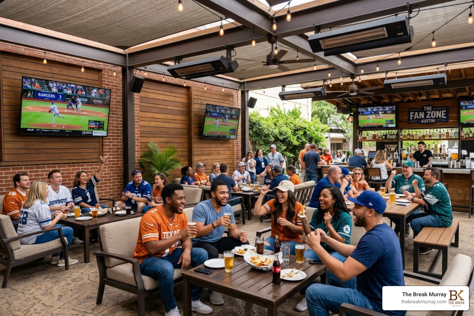 climate-controlled outdoor seating area with heaters and TVs - sports bar with patio
