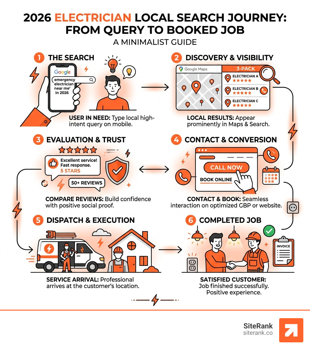 Infographic showing the 2026 local search journey for electricians from search query to booked job - electrician local seo Infographic showing the 2026 local search journey for electricians from search query to booked job - electrician local seo