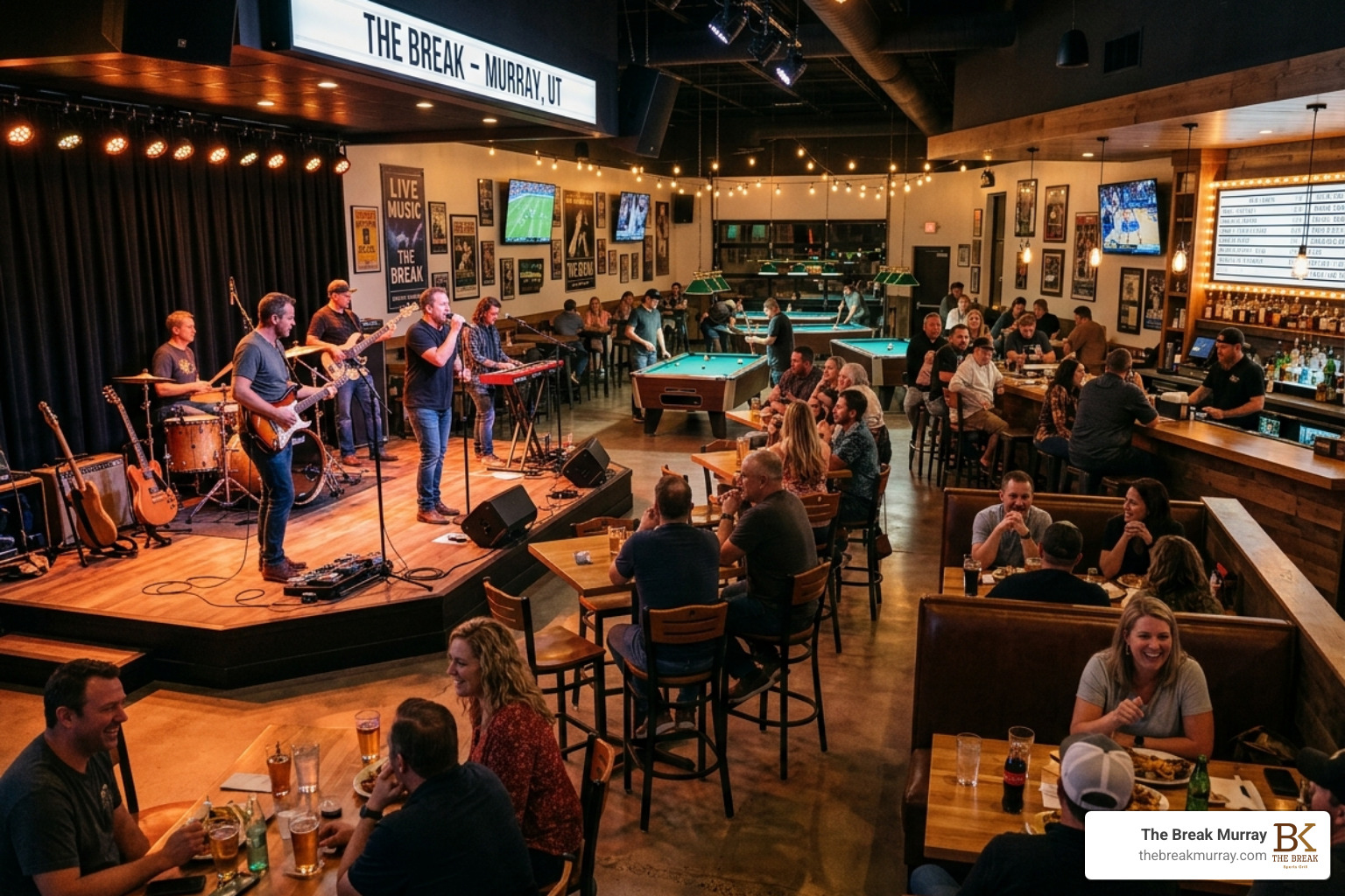 The Break Murray interior featuring a modern stage and seating area - live music bar murray