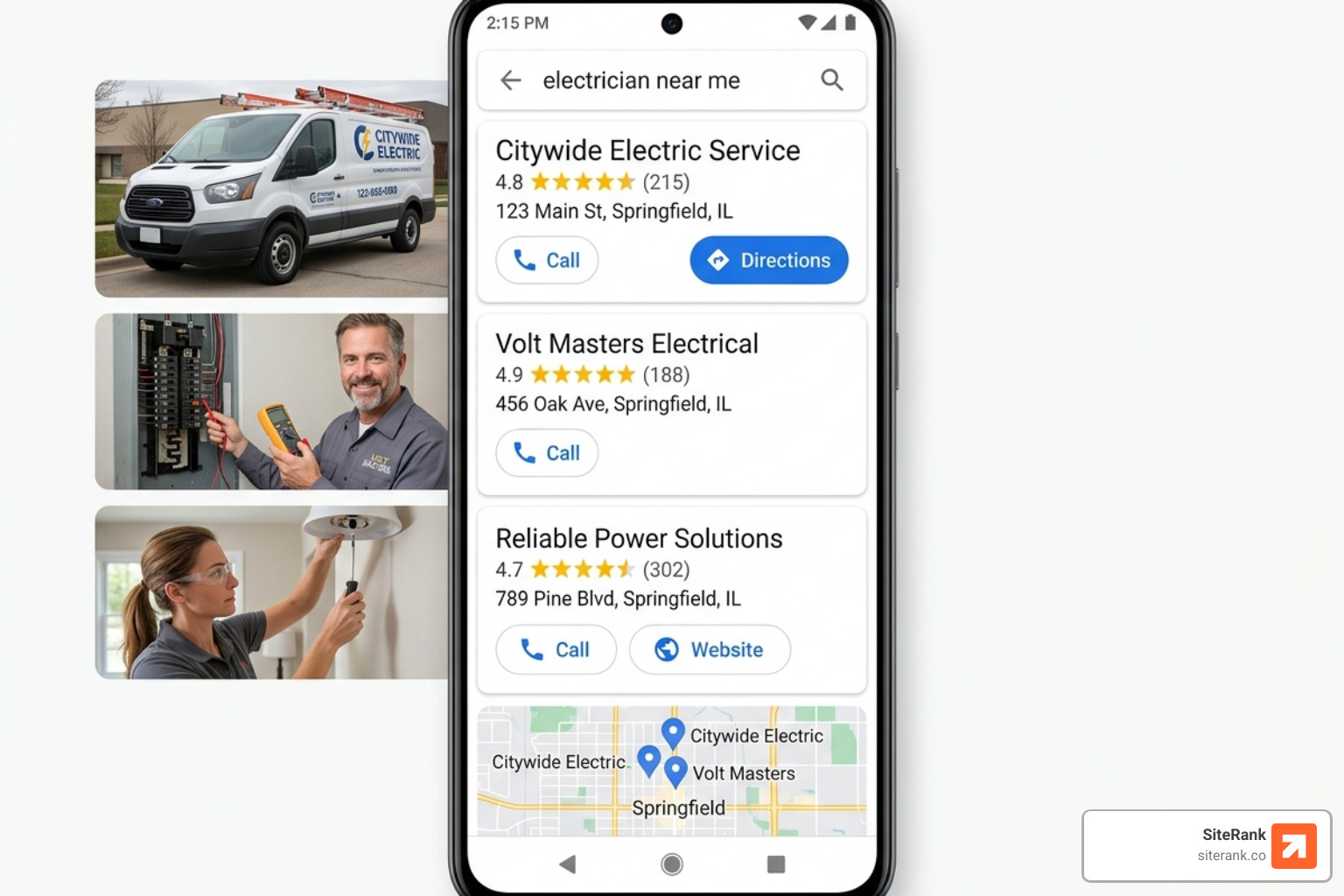 Google Maps 3-Pack results for electrical services - electrician local seo agency Google Maps 3-Pack results for electrical services - electrician local seo agency