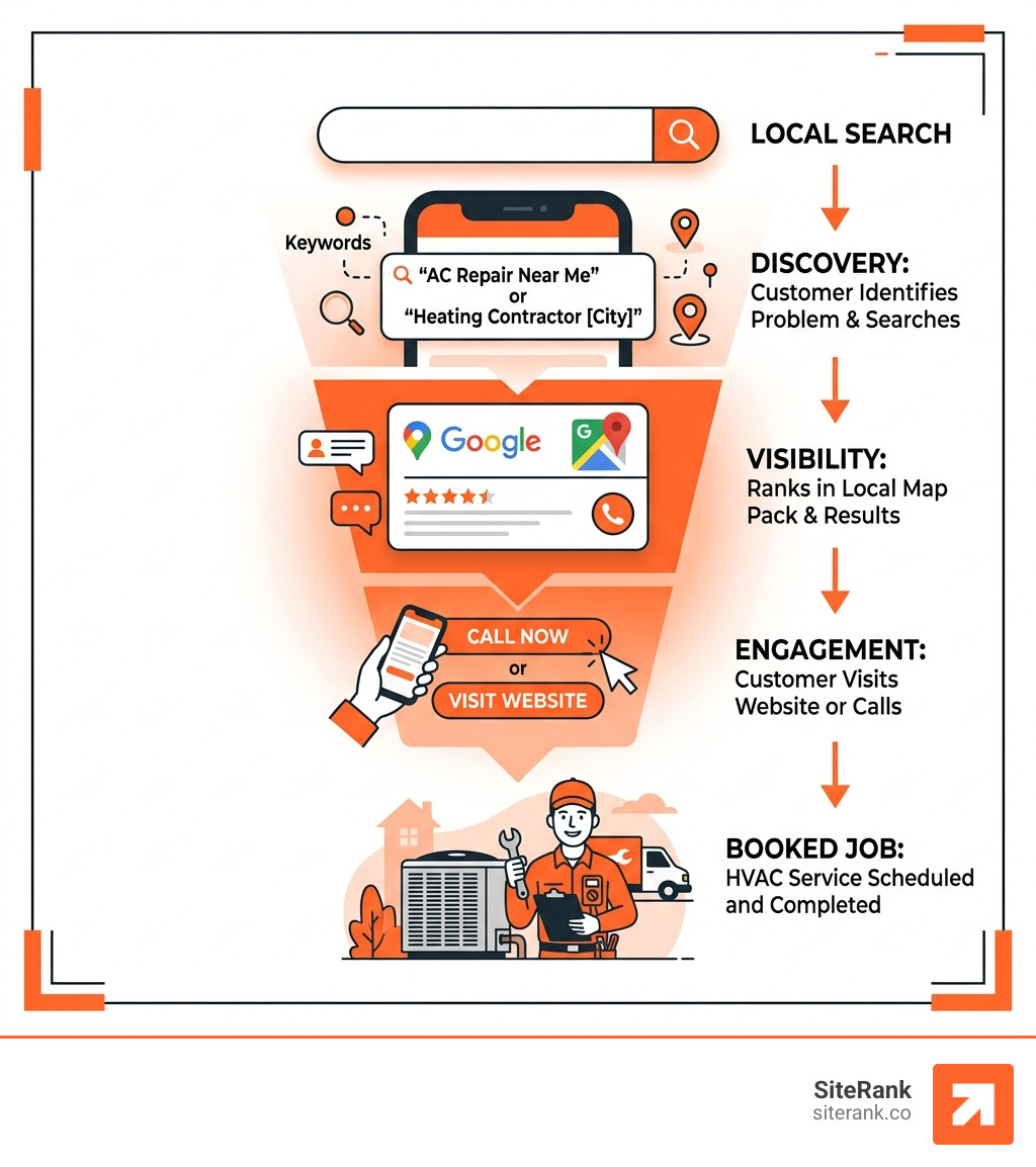 Local search funnel for HVAC home services showing steps from search to booked job - hvac local seo services infographic Local search funnel for HVAC home services showing steps from search to booked job - hvac local seo services infographic