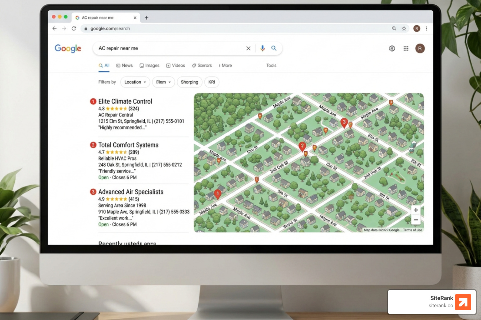 Google Map Pack results for AC repair showing top three local businesses - hvac local seo services Google Map Pack results for AC repair showing top three local businesses - hvac local seo services