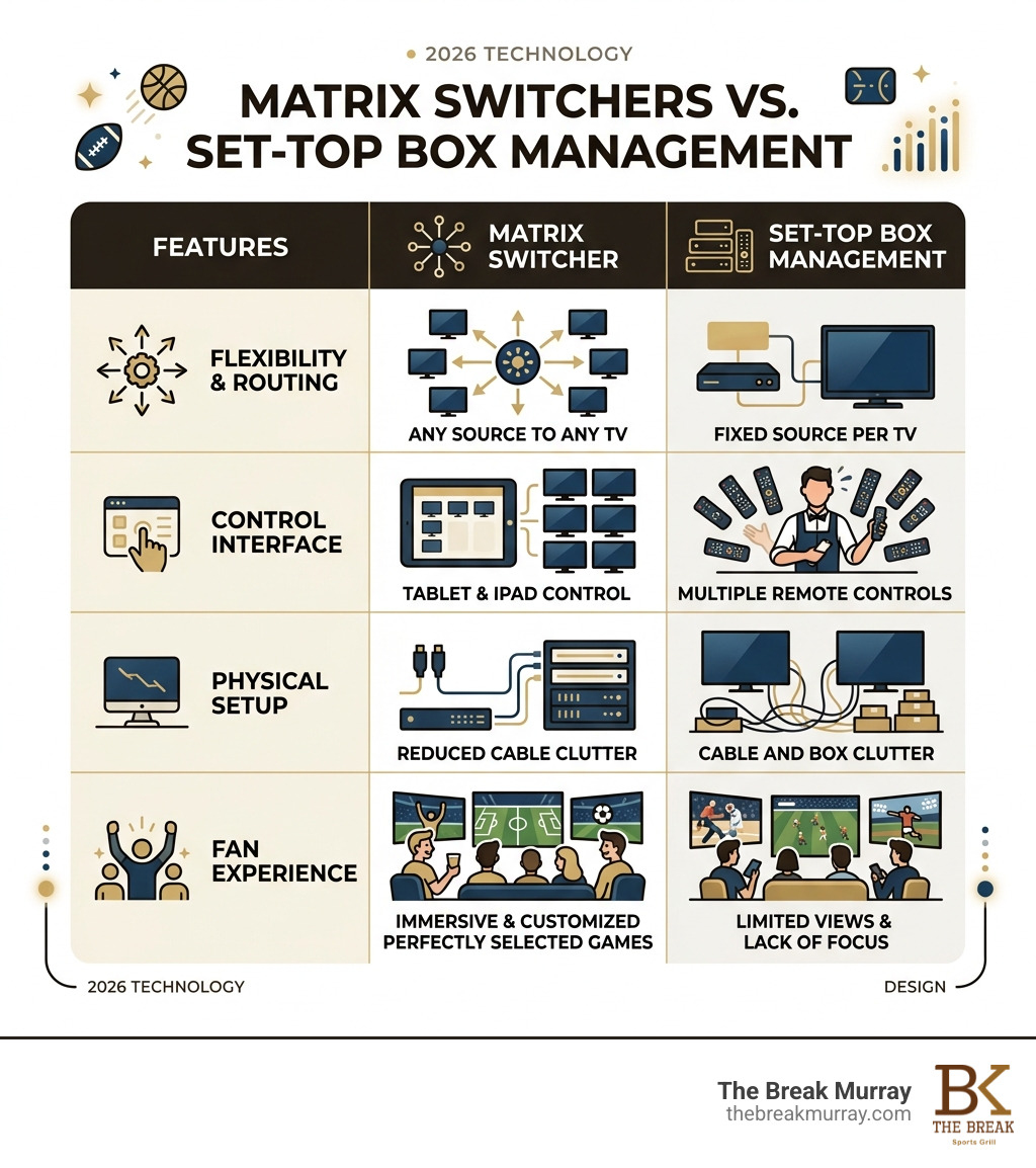table comparing matrix switchers vs. set-top box management - bar with TVs infographic 