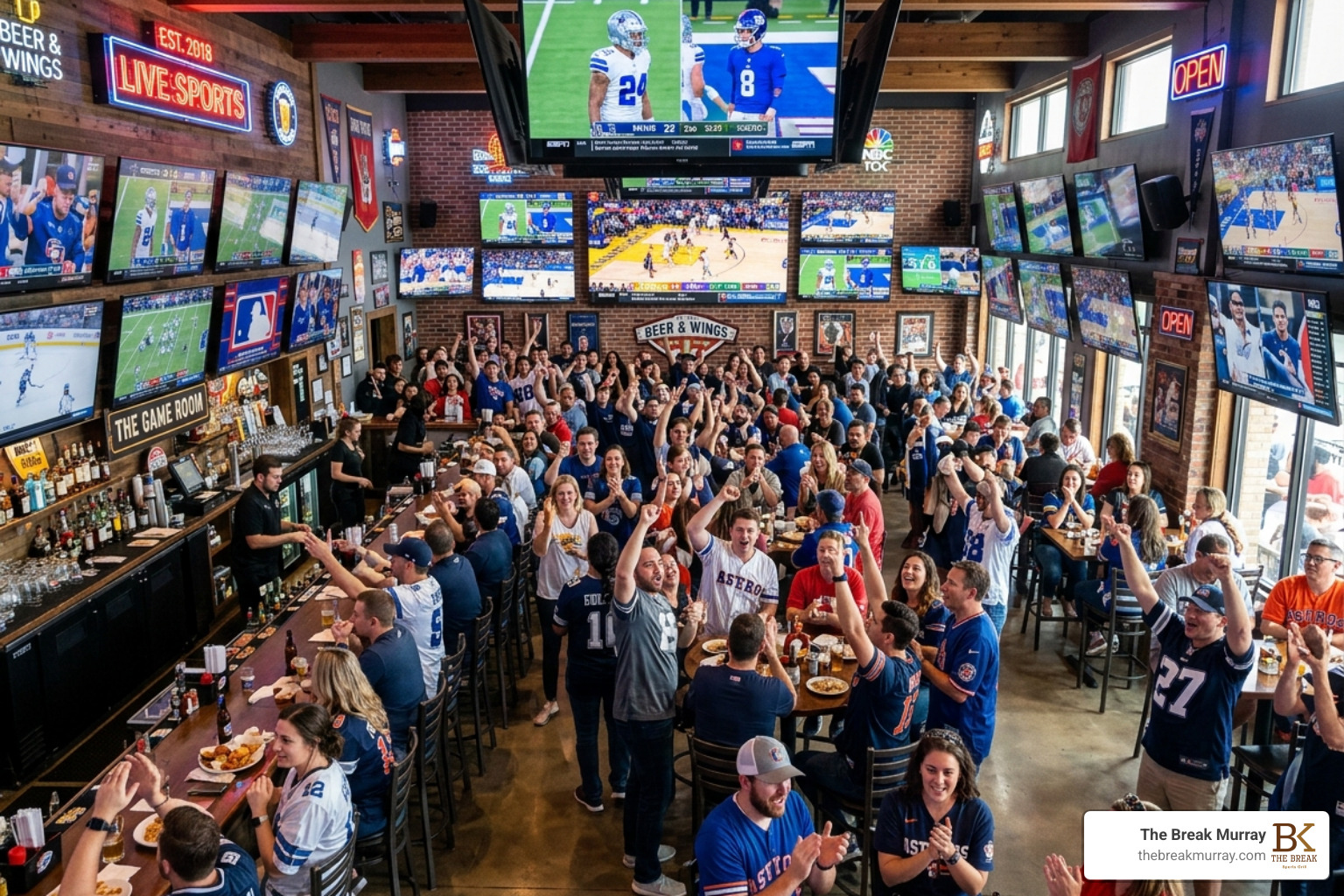 360-degree screen coverage in a modern sports bar with TVs - bar with TVs