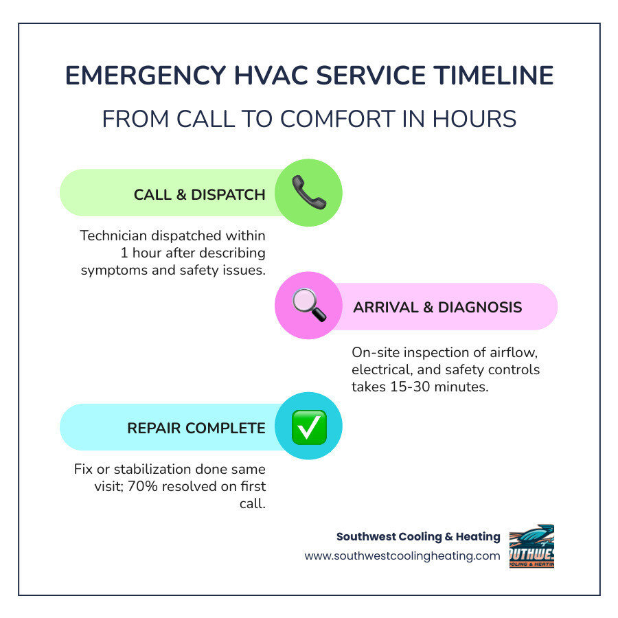 Timeline infographic of an emergency HVAC service call from first phone contact to repair completion - emergency hvac repair Timeline infographic of an emergency HVAC service call from first phone contact to repair completion - emergency hvac repair