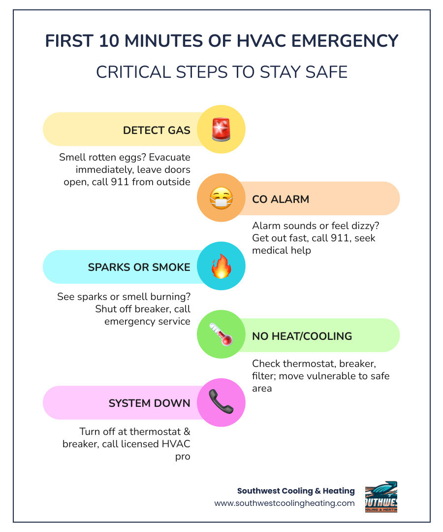 infographic showing first 10 minutes of an HVAC emergency step by step actions for homeowners - how to stay safe during a infographic showing first 10 minutes of an HVAC emergency step by step actions for homeowners - how to stay safe during a