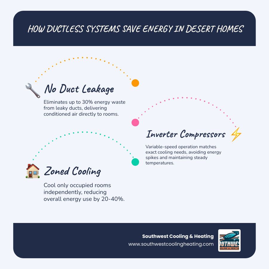 Infographic showing how ductless mini-splits eliminate duct loss, use inverter compressors, and enable zoned cooling to save Infographic showing how ductless mini-splits eliminate duct loss, use inverter compressors, and enable zoned cooling to save