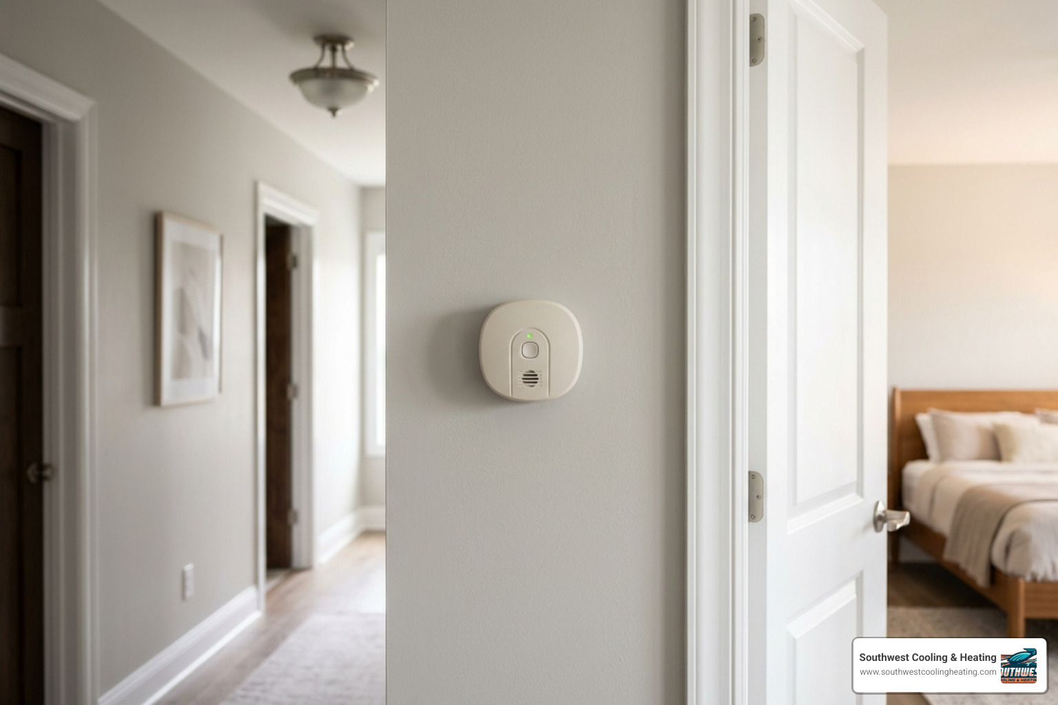 carbon monoxide detector mounted on a hallway wall near a bedroom door - how to stay safe during a heating or cooling carbon monoxide detector mounted on a hallway wall near a bedroom door - how to stay safe during a heating or cooling