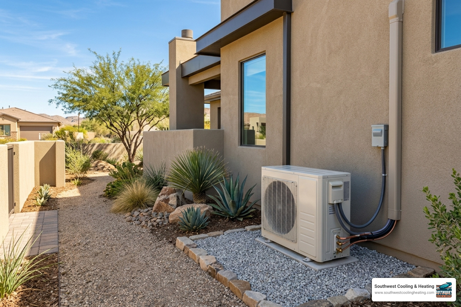 An outdoor compressor unit for a ductless system installed neatly on a gravel pad outside a home - how ductless systems save An outdoor compressor unit for a ductless system installed neatly on a gravel pad outside a home - how ductless systems save