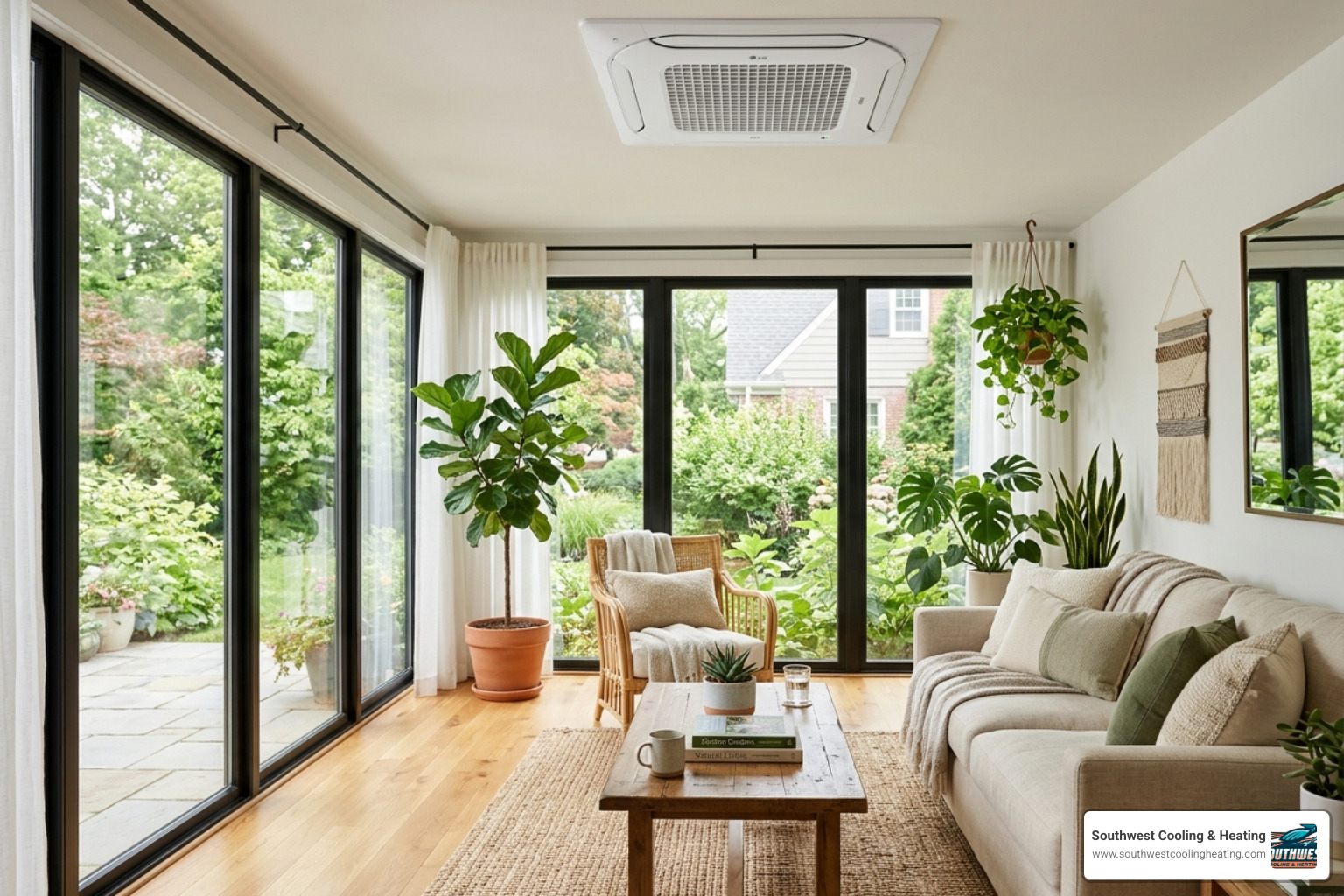 A sleek, recessed ceiling cassette unit providing quiet cooling in a bright, modern sunroom - ductless options for home