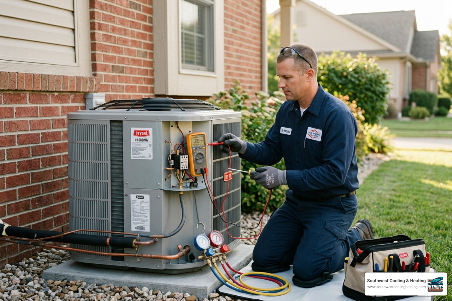 a professional technician performing a precision tune-up on a modern outdoor AC unit - benefits of choosing a company a professional technician performing a precision tune-up on a modern outdoor AC unit - benefits of choosing a company