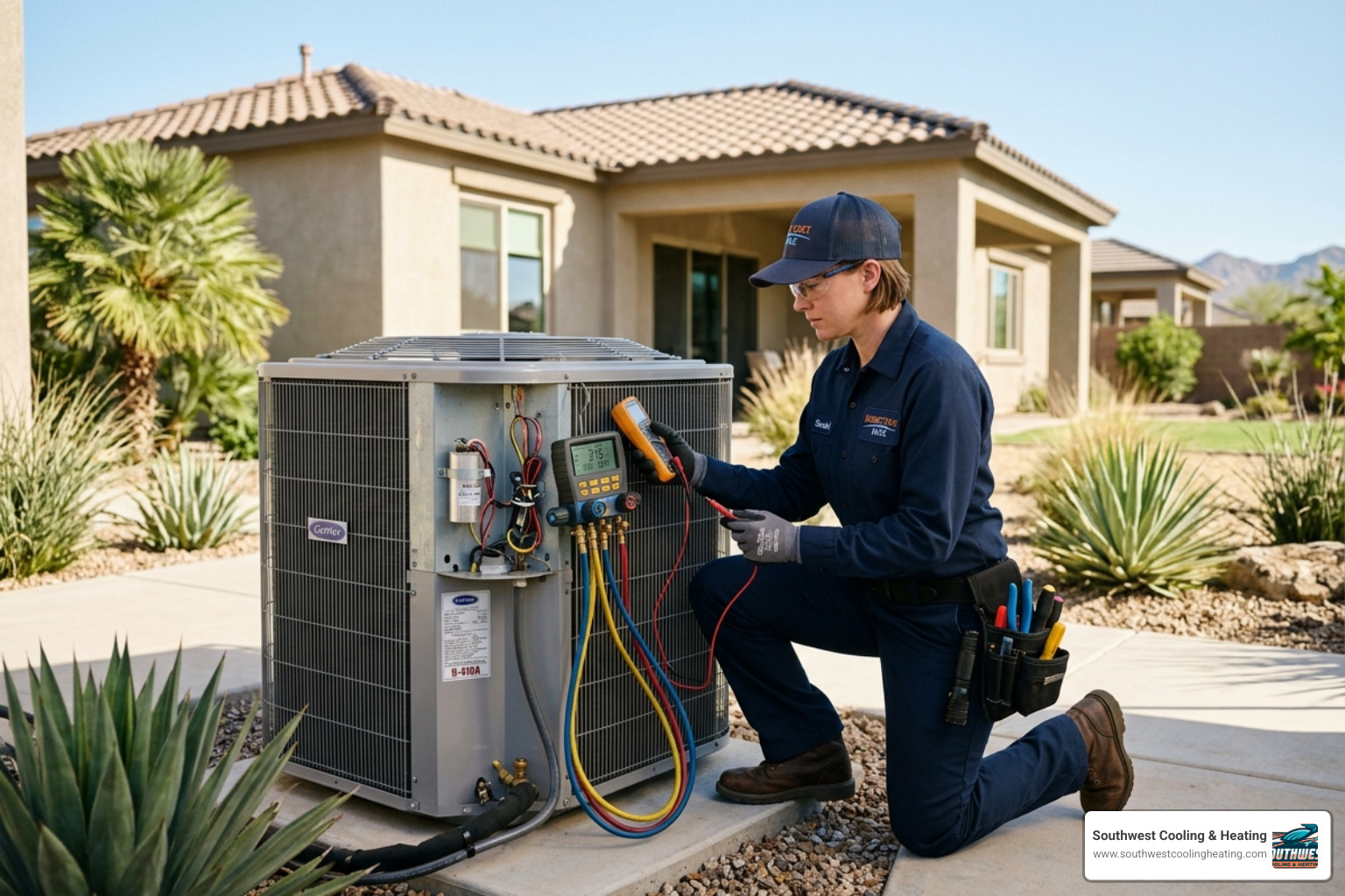 Professional HVAC technician wearing a clean uniform inspecting an outdoor condenser unit in a sunny yard - choosing a Professional HVAC technician wearing a clean uniform inspecting an outdoor condenser unit in a sunny yard - choosing a