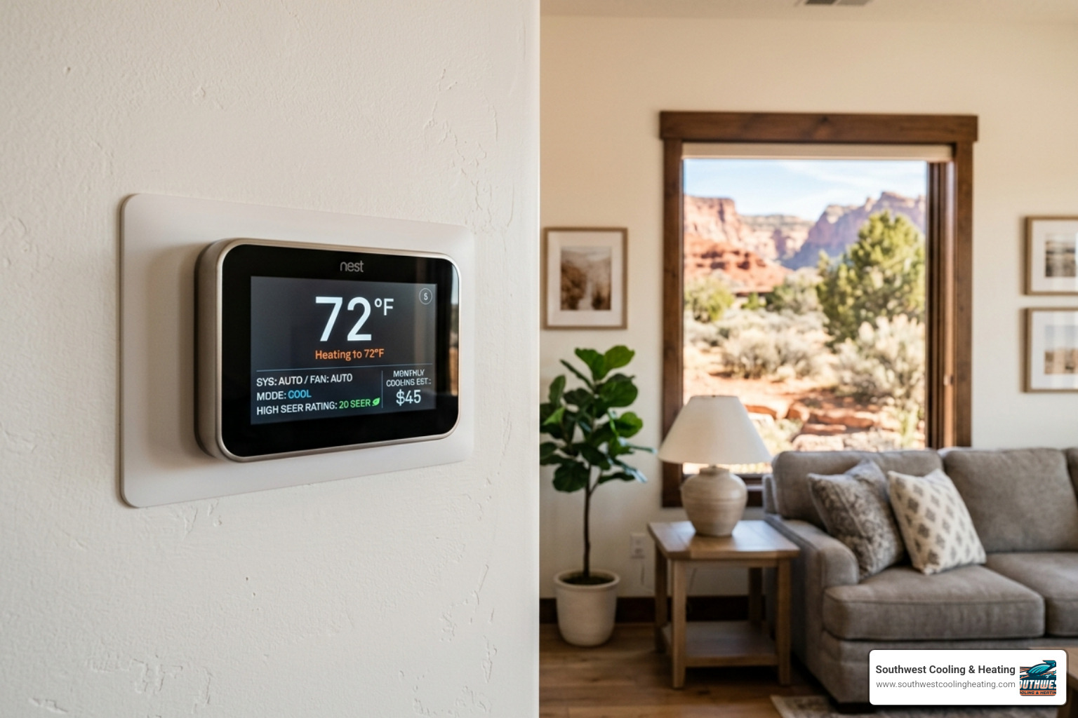 Digital thermostat in a St. George home showing high energy efficiency and low cooling costs - central air vs mini split for Digital thermostat in a St. George home showing high energy efficiency and low cooling costs - central air vs mini split for