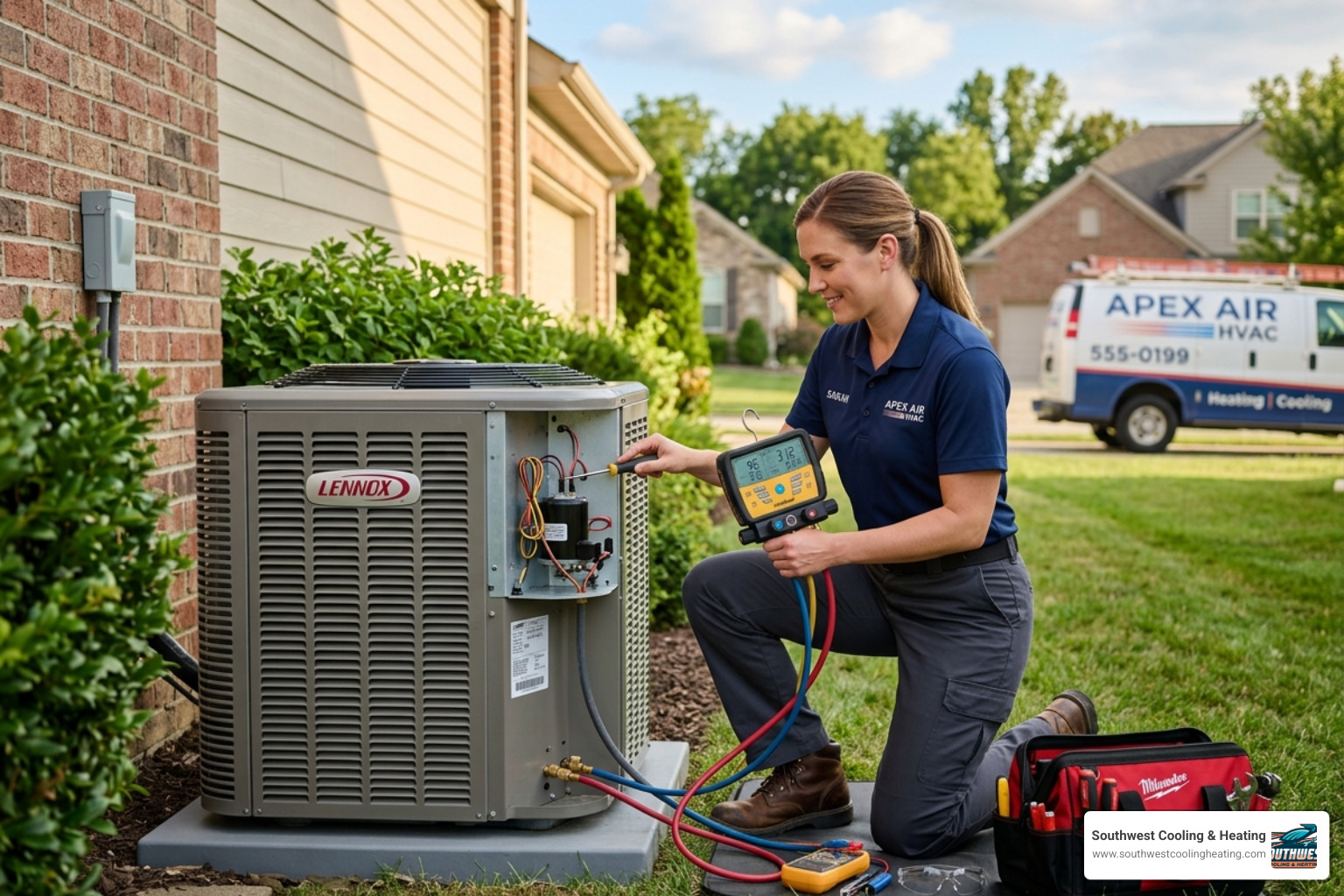 HVAC technician in a clean uniform performing a precision tune-up on an outdoor AC unit with professional tools - advantages HVAC technician in a clean uniform performing a precision tune-up on an outdoor AC unit with professional tools - advantages