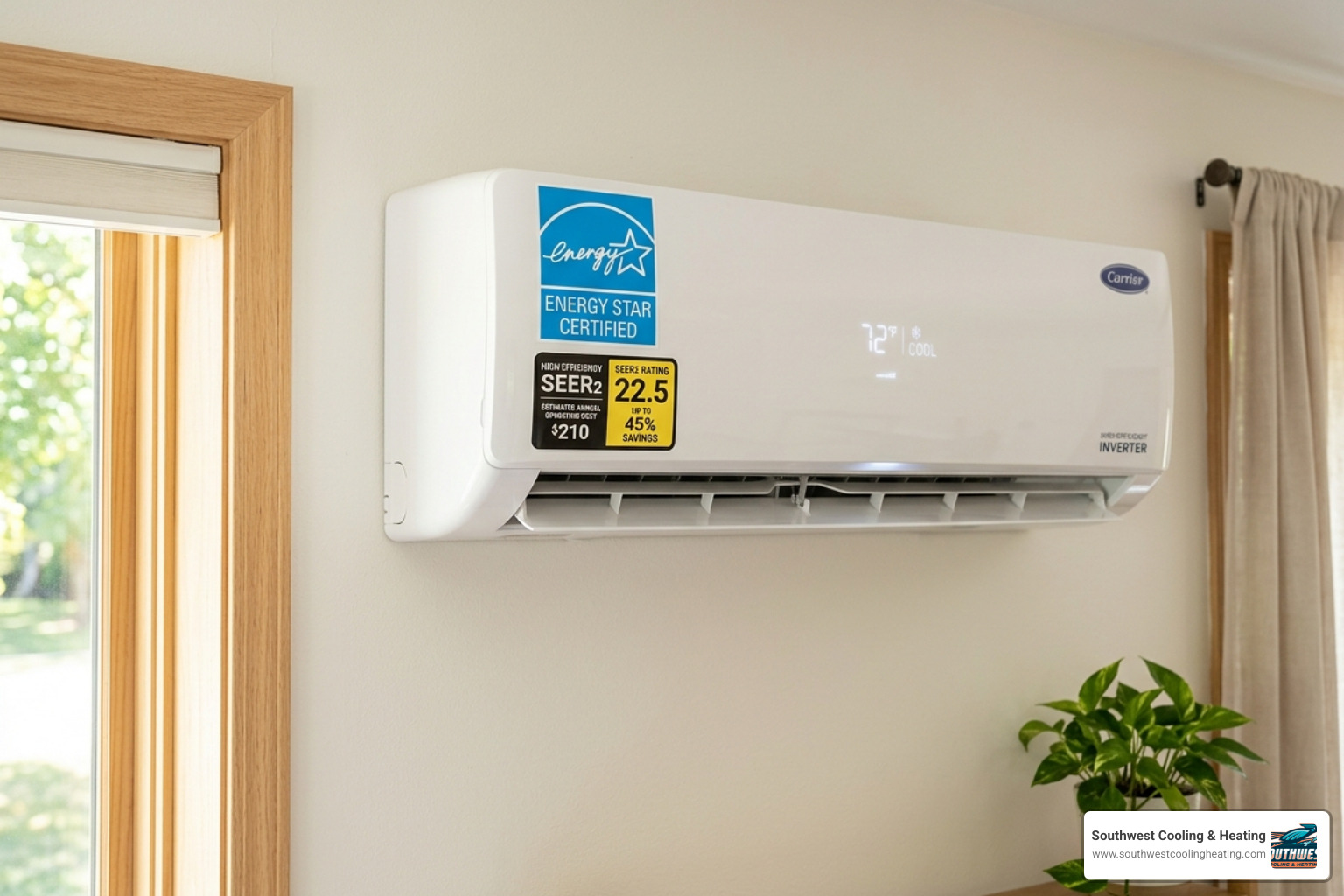 ENERGY STAR certified cooling unit showing efficiency labels - central ac vs ductless mini split comparison