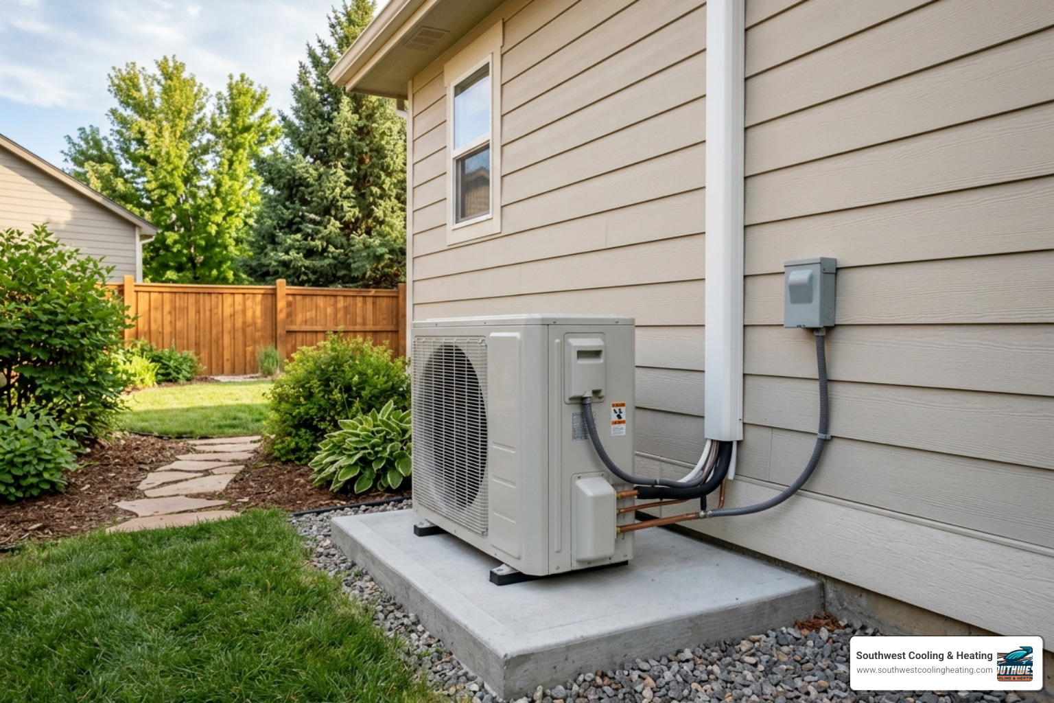 Outdoor compressor unit for a ductless mini split system installed on a clean concrete pad - ductless heat pump benefits for Outdoor compressor unit for a ductless mini split system installed on a clean concrete pad - ductless heat pump benefits for