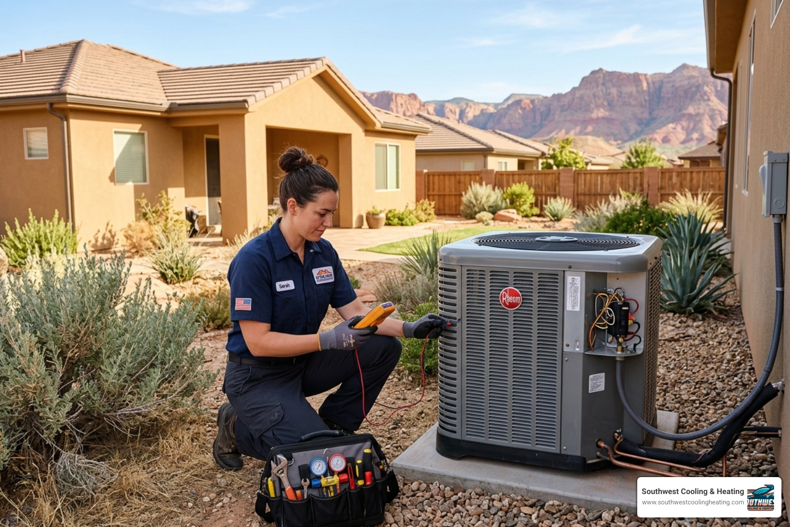 technician in a clean uniform inspecting an outdoor condenser unit in a sunny Santa Clara backyard - what to do when your technician in a clean uniform inspecting an outdoor condenser unit in a sunny Santa Clara backyard - what to do when your